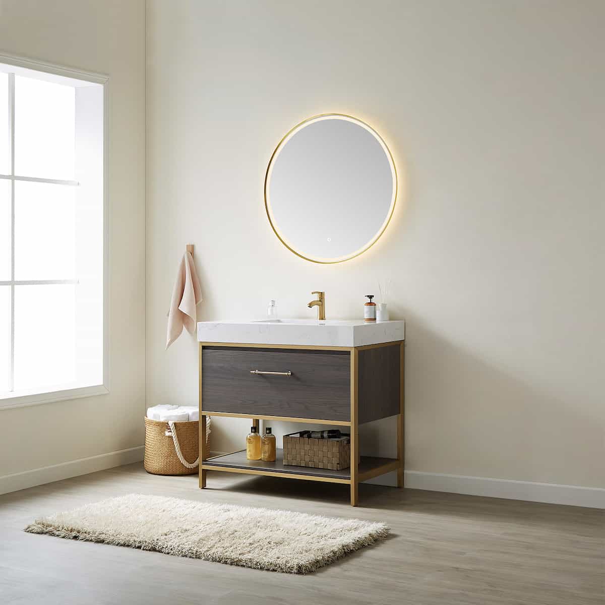 Vinnova Palma 36 Inch Freestanding Single Sink Bath Vanity in Suleiman Oak With White Composite Grain Stone Countertop With Mirror Side 701236G-SO-GW
