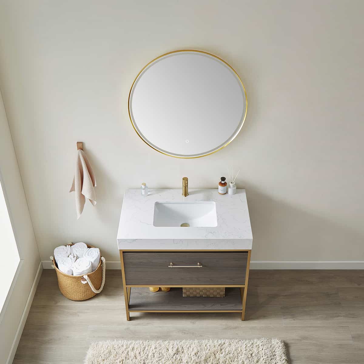 Vinnova Palma 36 Inch Freestanding Single Sink Bath Vanity in Suleiman Oak With White Composite Grain Stone Countertop With Mirror Sink 701236G-SO-GW