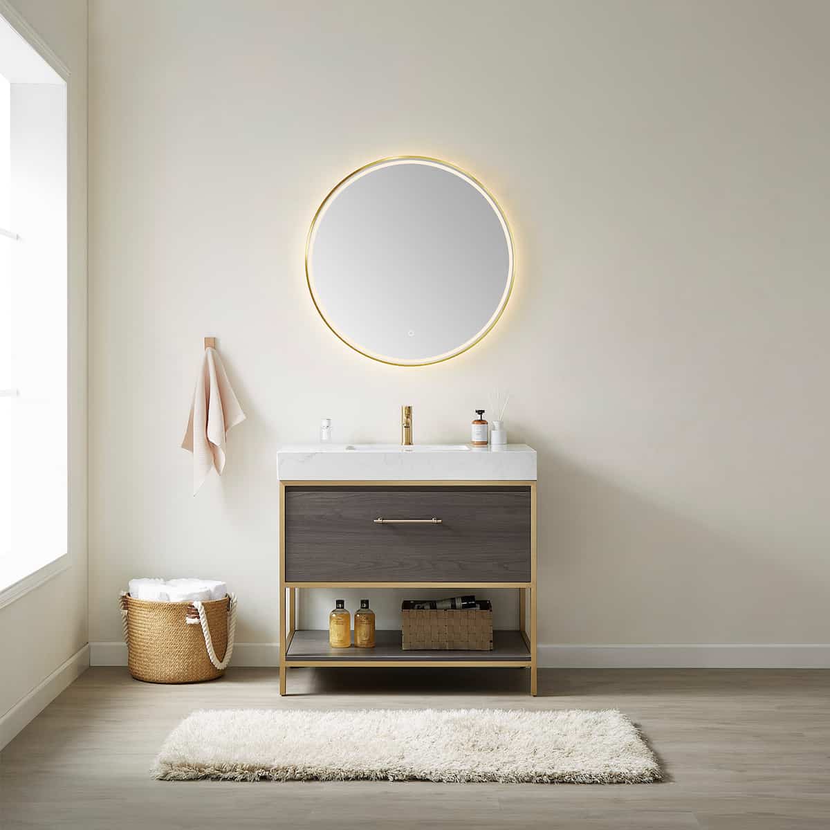 Vinnova Palma 36 Inch Freestanding Single Sink Bath Vanity in Suleiman Oak With White Composite Grain Stone Countertop With Mirror in Bathroom 701236G-SO-GW