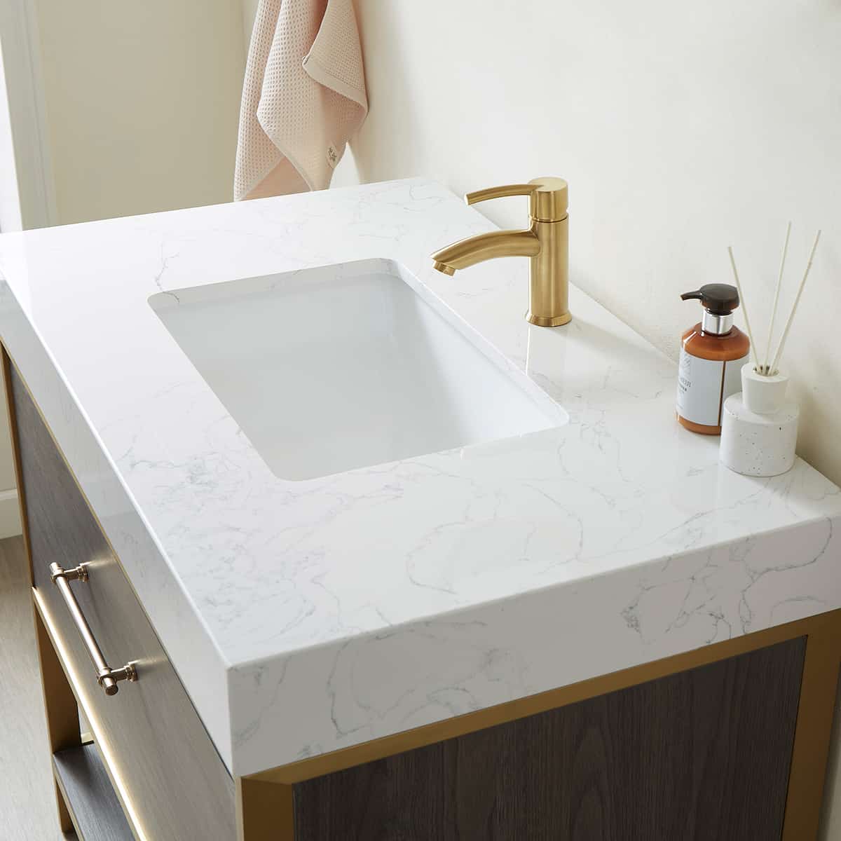 Vinnova Palma 36 Inch Freestanding Single Sink Bath Vanity in Suleiman Oak With White Composite Grain Stone Countertop Without Mirror Counter Top 701236G-SO-GW-NM
