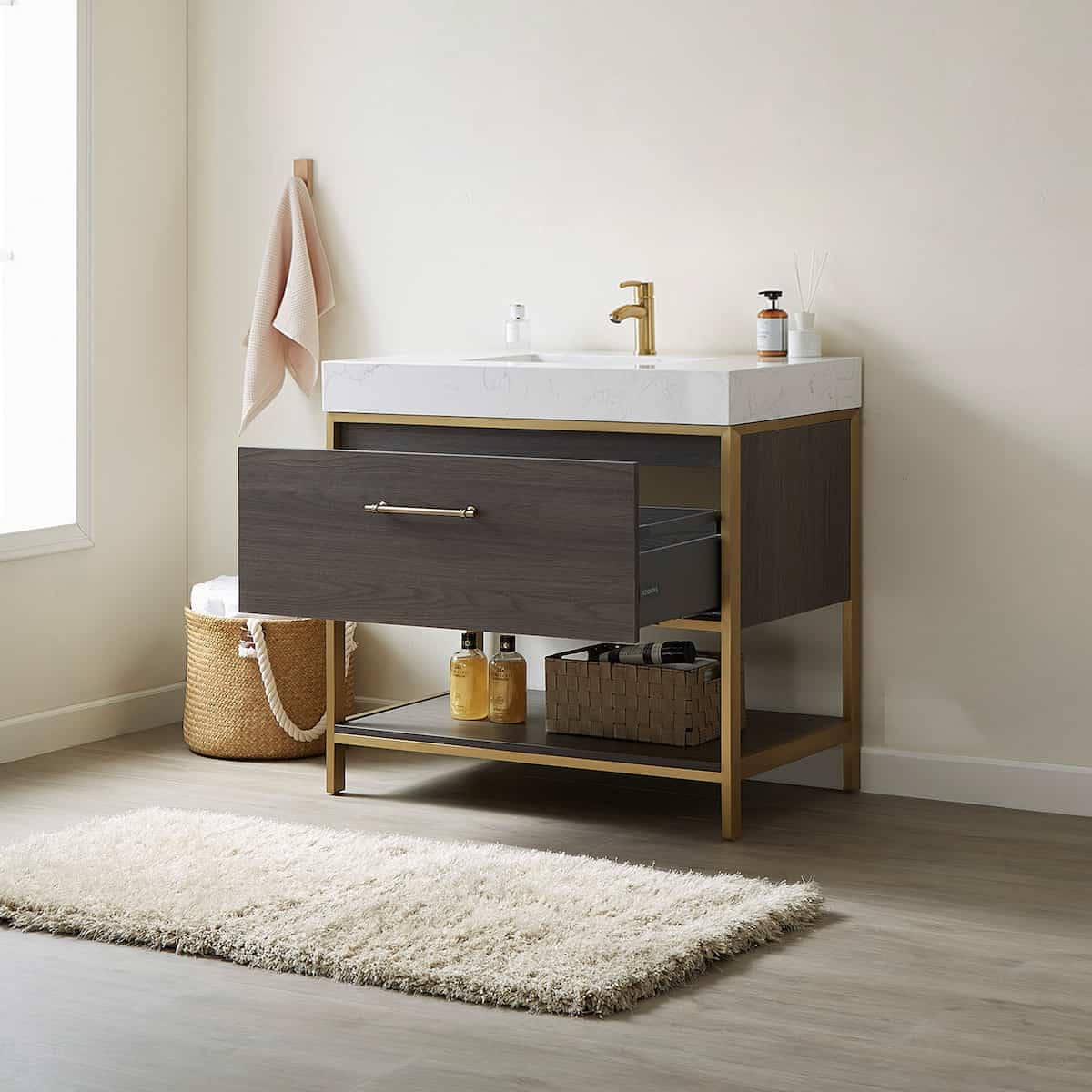 Vinnova Palma 36 Inch Freestanding Single Sink Bath Vanity in Suleiman Oak With White Composite Grain Stone Countertop Without Mirror Drawer 701236G-SO-GW-NM