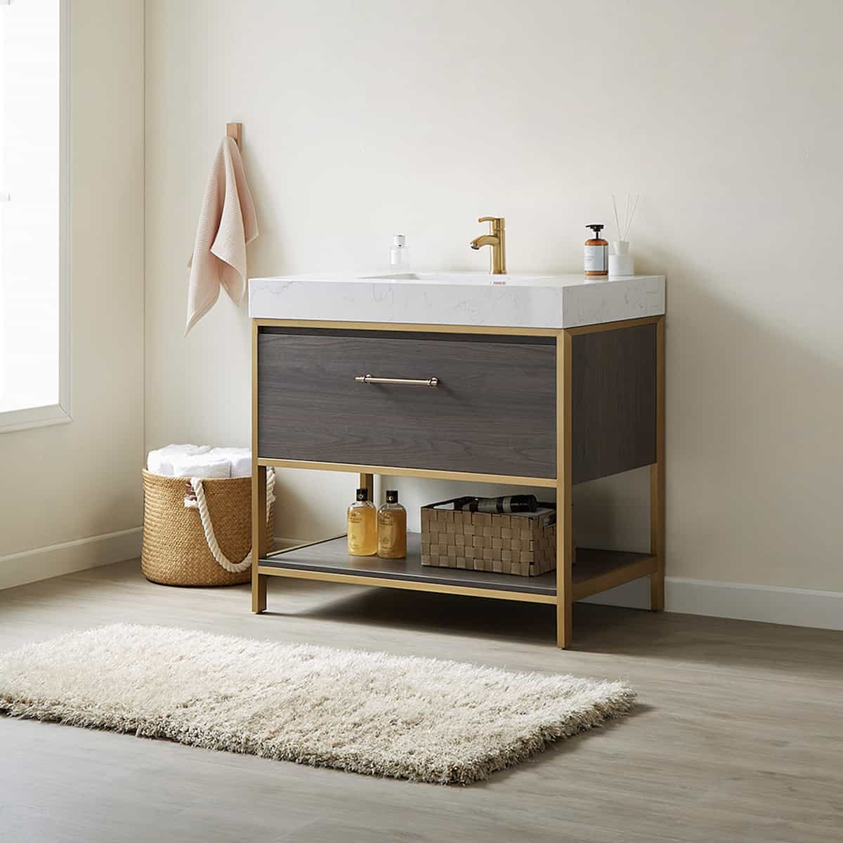 Vinnova Palma 36 Inch Freestanding Single Sink Bath Vanity in Suleiman Oak With White Composite Grain Stone Countertop Without Mirror Side 701236G-SO-GW-NM