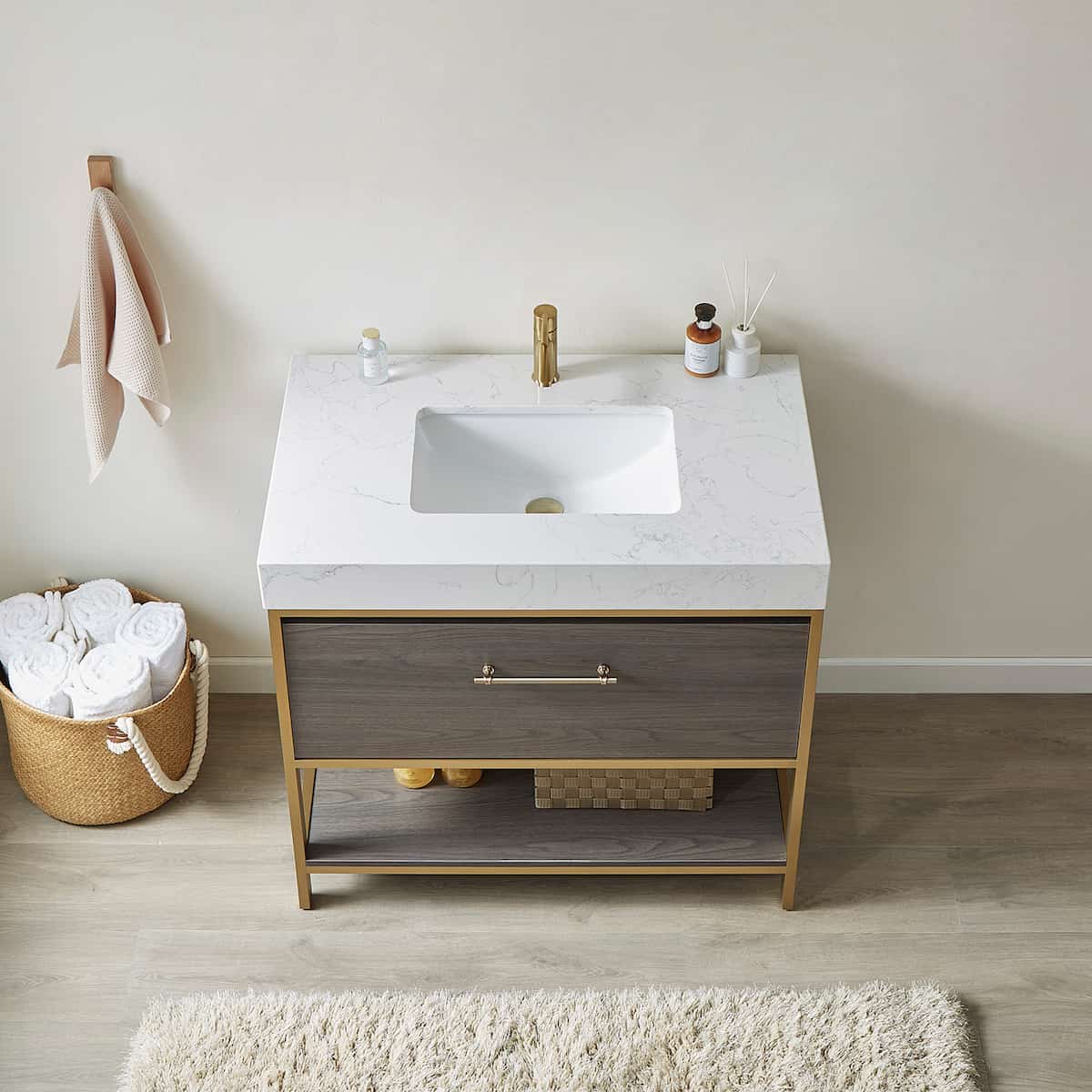 Vinnova Palma 36 Inch Freestanding Single Sink Bath Vanity in Suleiman Oak With White Composite Grain Stone Countertop Without Mirror Sink 701236G-SO-GW-NM