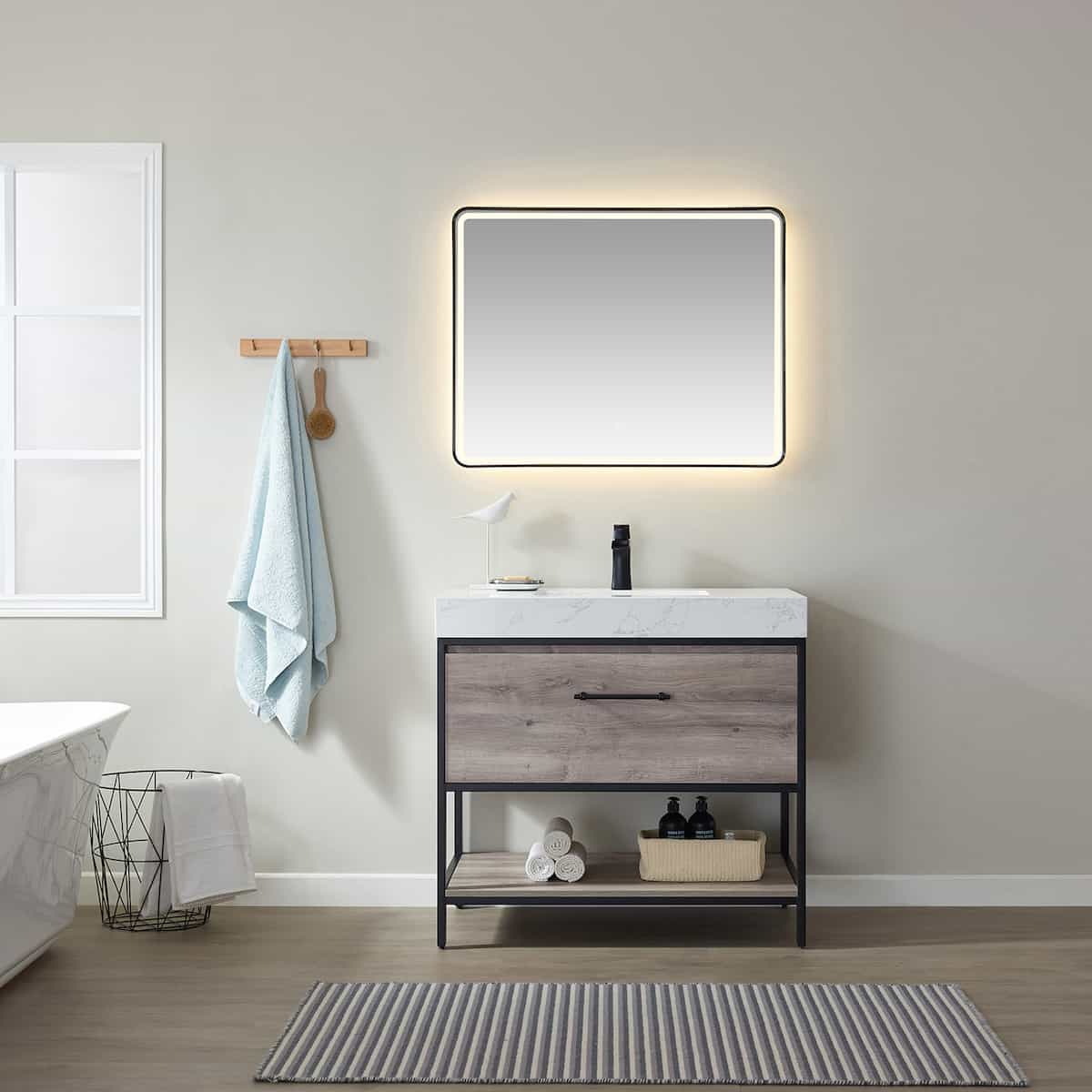 Vinnova Palma 36 Inch Freestanding Single Vanity In Mexican Oak with White Composite Grain Stone Countertop With Mirror in Bathroom 701236-MXO-GW