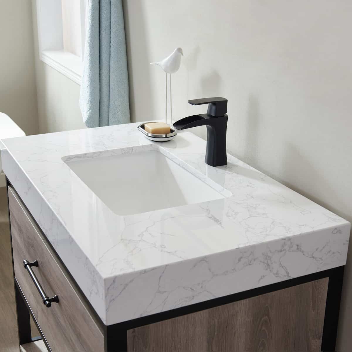 Vinnova Palma 36 Inch Freestanding Single Vanity In Mexican Oak with White Composite Grain Stone Countertop Without Mirror Counter 701236-MXO-GW-NM
