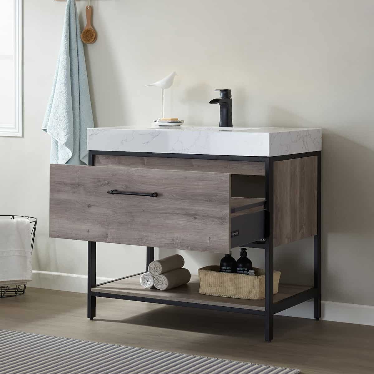 Vinnova Palma 36 Inch Freestanding Single Vanity In Mexican Oak with White Composite Grain Stone Countertop Without Mirror Drawer 701236-MXO-GW-NM
