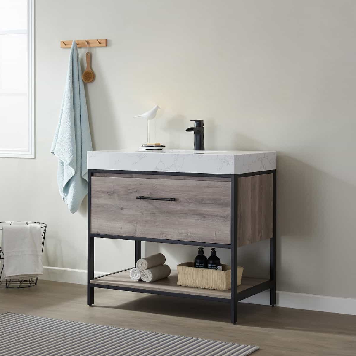 Vinnova Palma 36 Inch Freestanding Single Vanity In Mexican Oak with White Composite Grain Stone Countertop Without Mirror Side 701236-MXO-GW-NM