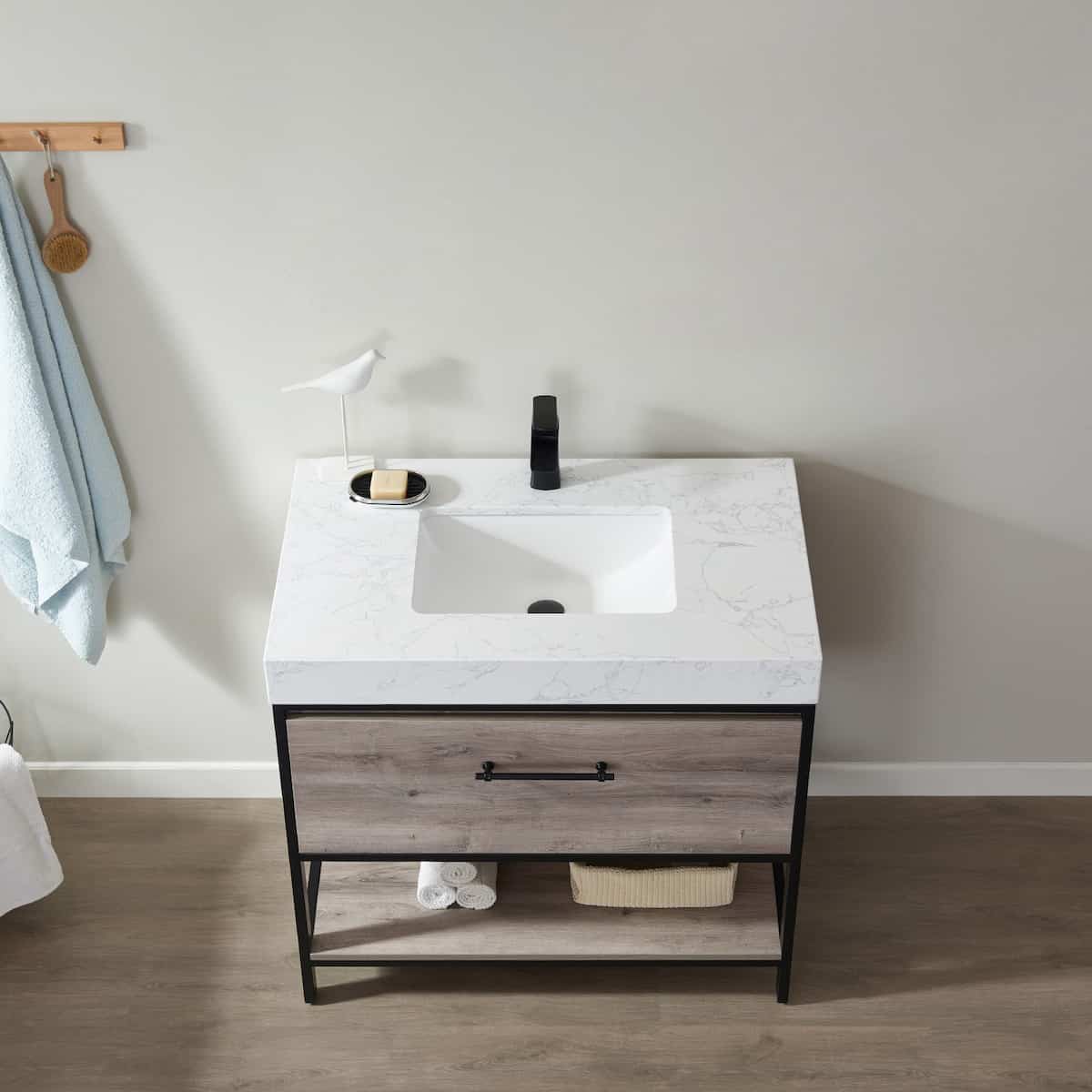 Vinnova Palma 36 Inch Freestanding Single Vanity In Mexican Oak with White Composite Grain Stone Countertop Without Mirror Sink 701236-MXO-GW-NM
