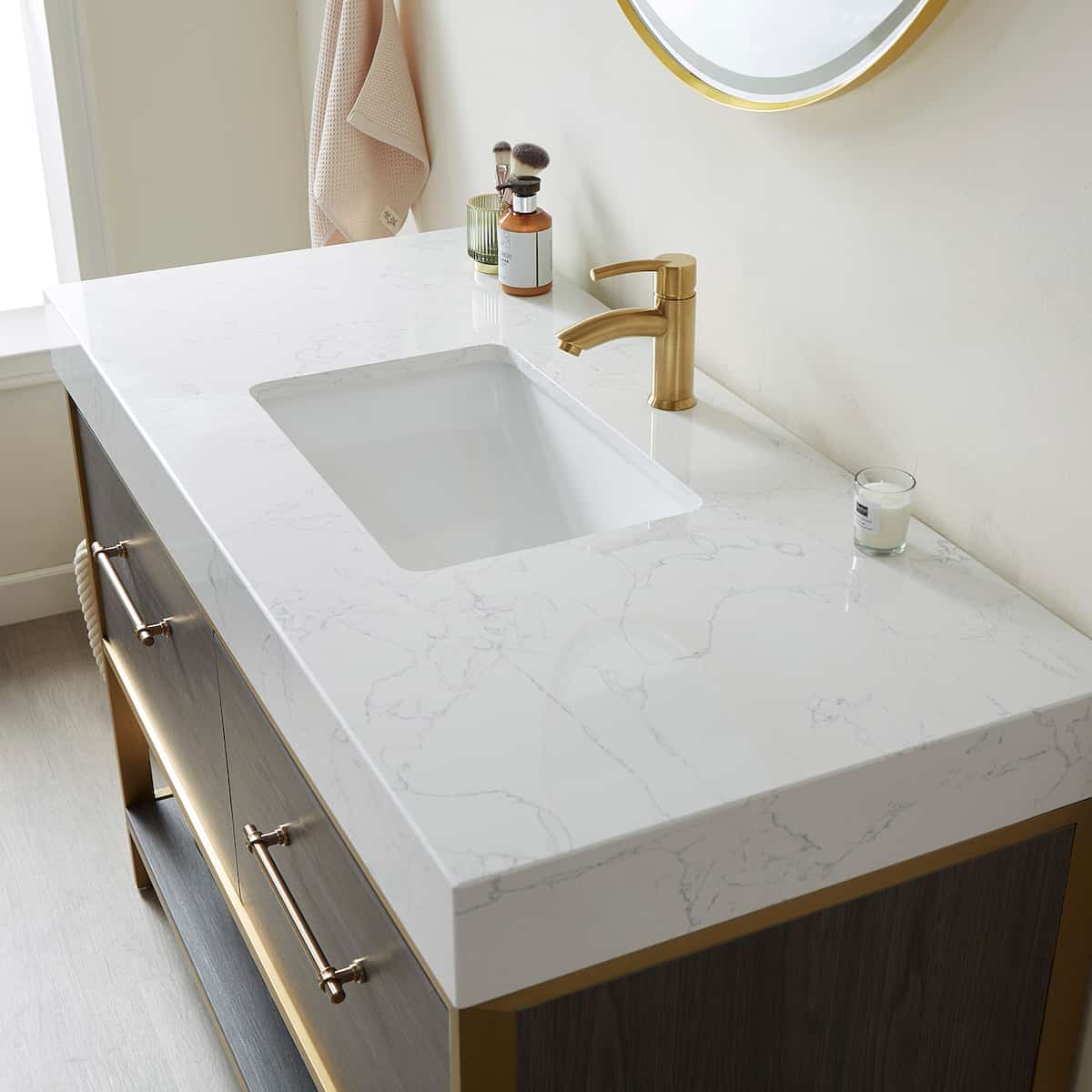 Vinnova Palma 48 Inch Freestanding Single Sink Bath Vanity in Suleiman Oak With White Composite Grain Stone Countertop With Mirror Counter Top 701248G-SO-GW