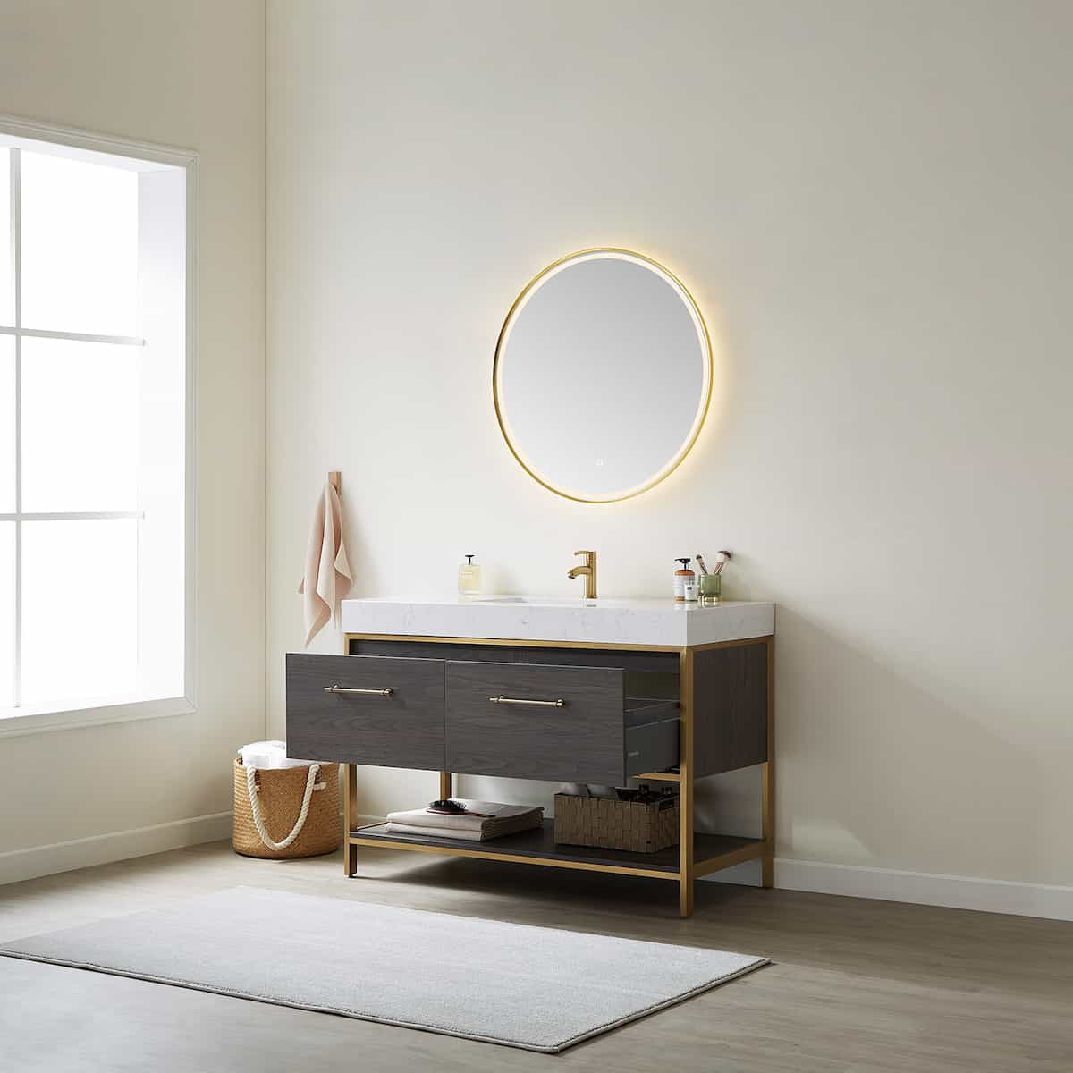 Vinnova Palma 48 Inch Freestanding Single Sink Bath Vanity in Suleiman Oak With White Composite Grain Stone Countertop With Mirror Drawers 701248G-SO-GW