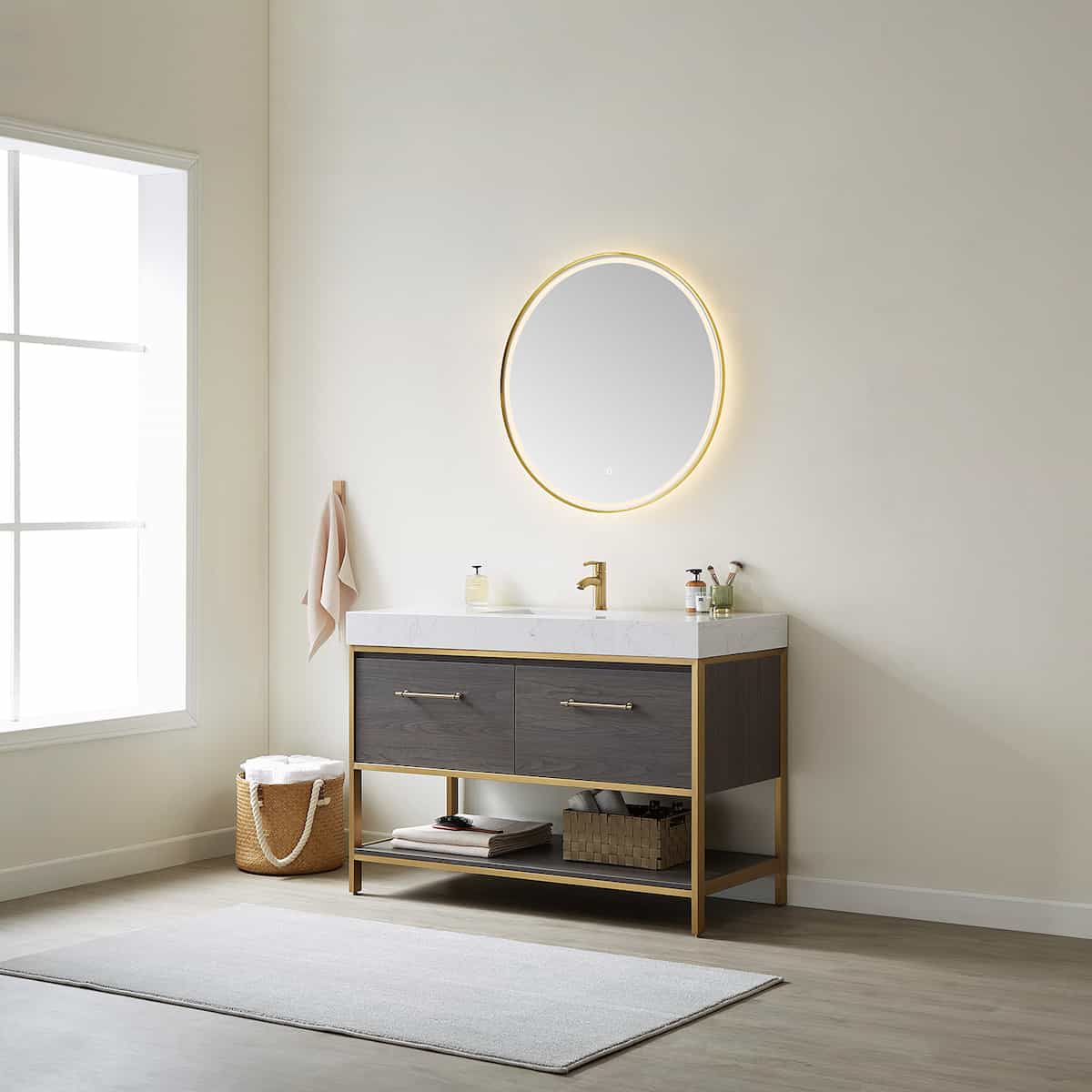 Vinnova Palma 48 Inch Freestanding Single Sink Bath Vanity in Suleiman Oak With White Composite Grain Stone Countertop With Mirror Side 701248G-SO-GW