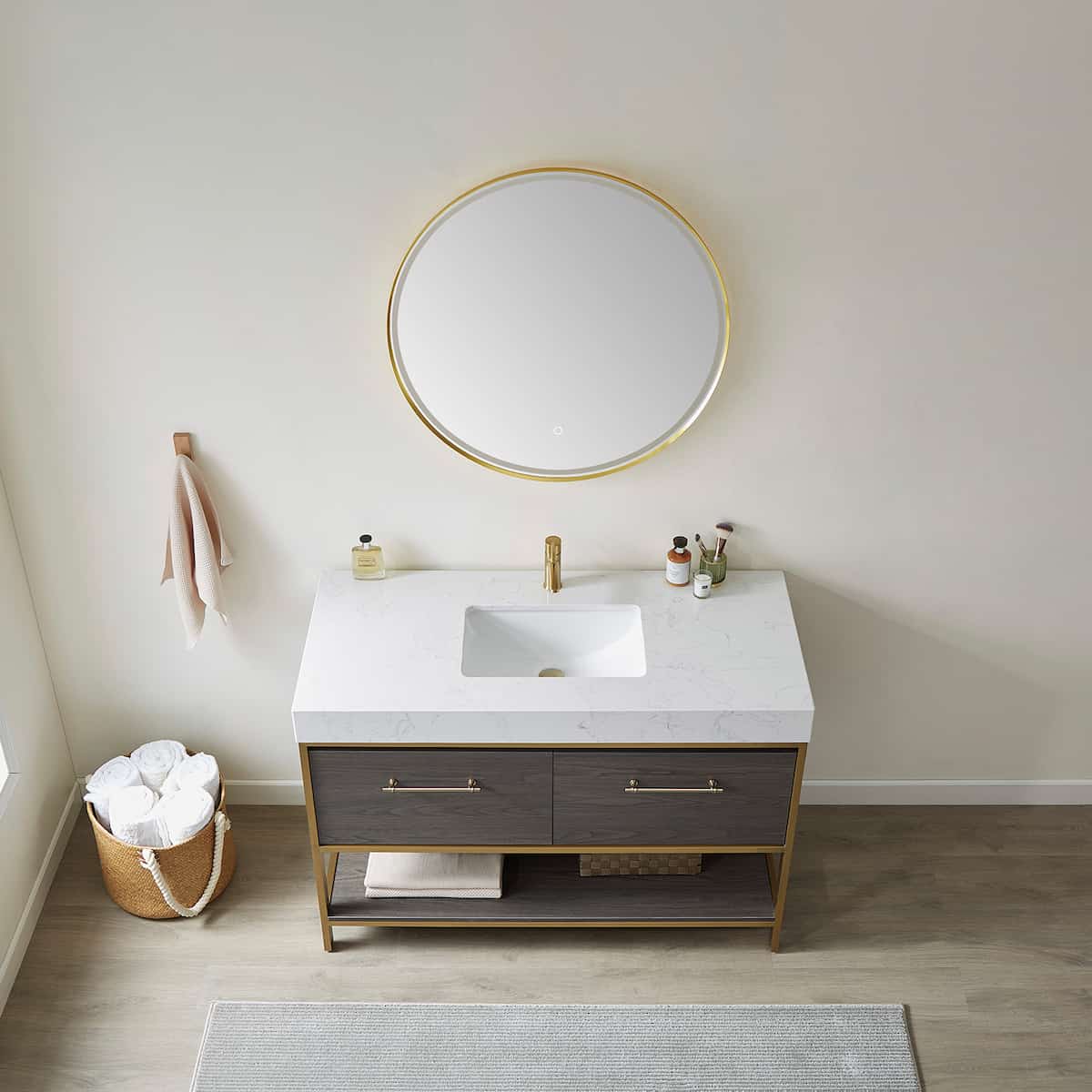 Vinnova Palma 48 Inch Freestanding Single Sink Bath Vanity in Suleiman Oak With White Composite Grain Stone Countertop With Mirror Sink 701248G-SO-GW