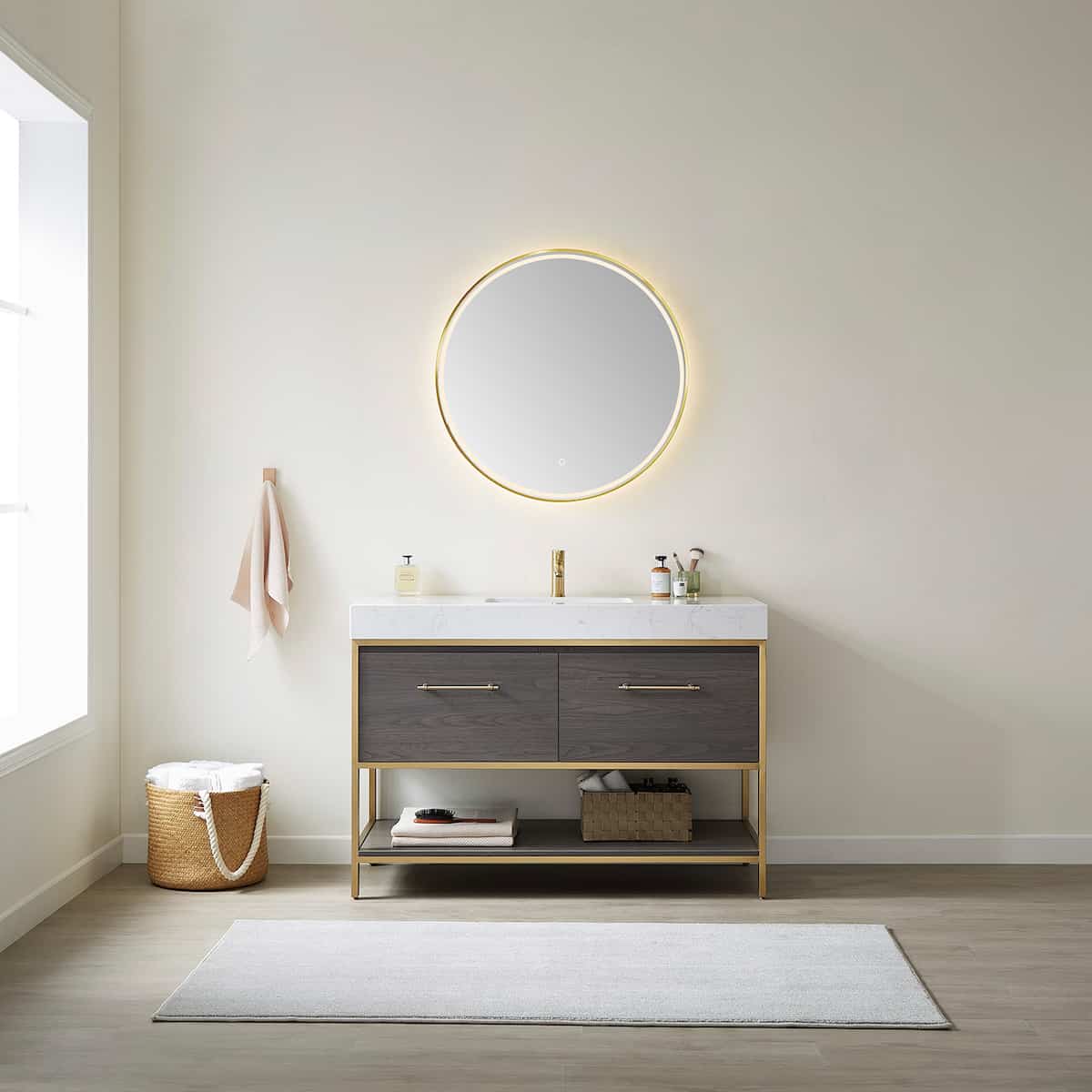 Vinnova Palma 48 Inch Freestanding Single Sink Bath Vanity in Suleiman Oak With White Composite Grain Stone Countertop With Mirror in Bathroom 701248G-SO-GW