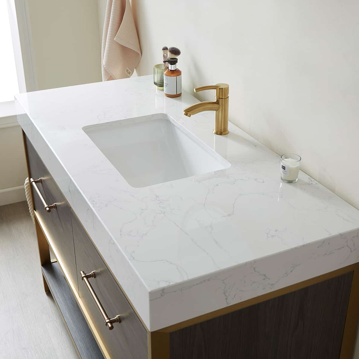 Vinnova Palma 48 Inch Freestanding Single Sink Bath Vanity in Suleiman Oak With White Composite Grain Stone Countertop Without Mirror Counter Top 701248G-SO-GW-NM