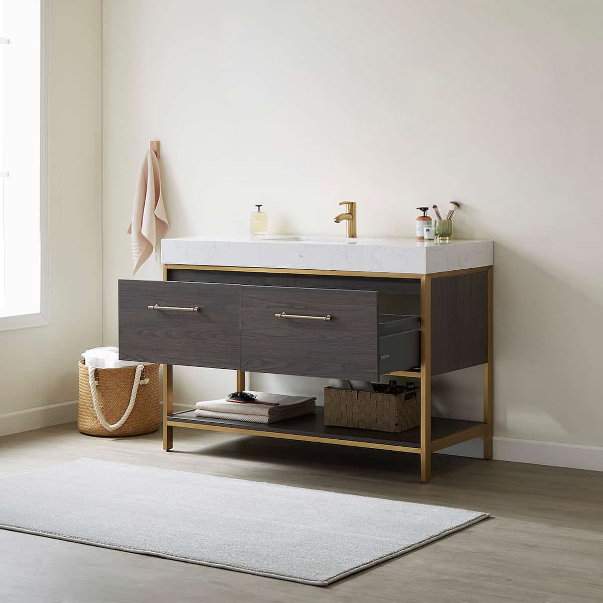 Vinnova Palma 48 Inch Freestanding Single Sink Bath Vanity in Suleiman Oak With White Composite Grain Stone Countertop Without Mirror Drawers 701248G-SO-GW-NM