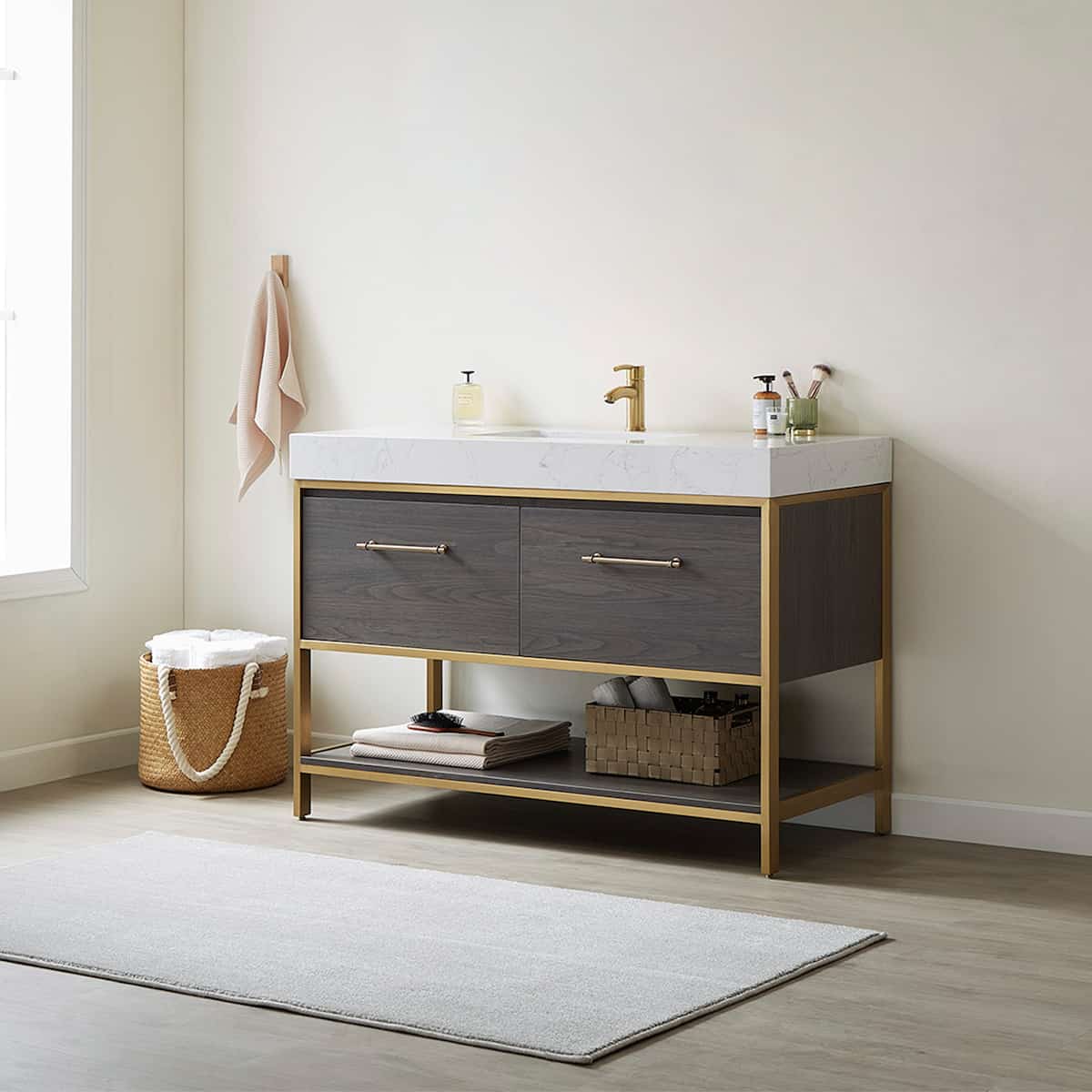 Vinnova Palma 48 Inch Freestanding Single Sink Bath Vanity in Suleiman Oak With White Composite Grain Stone Countertop Without Mirror Side 701248G-SO-GW-NM