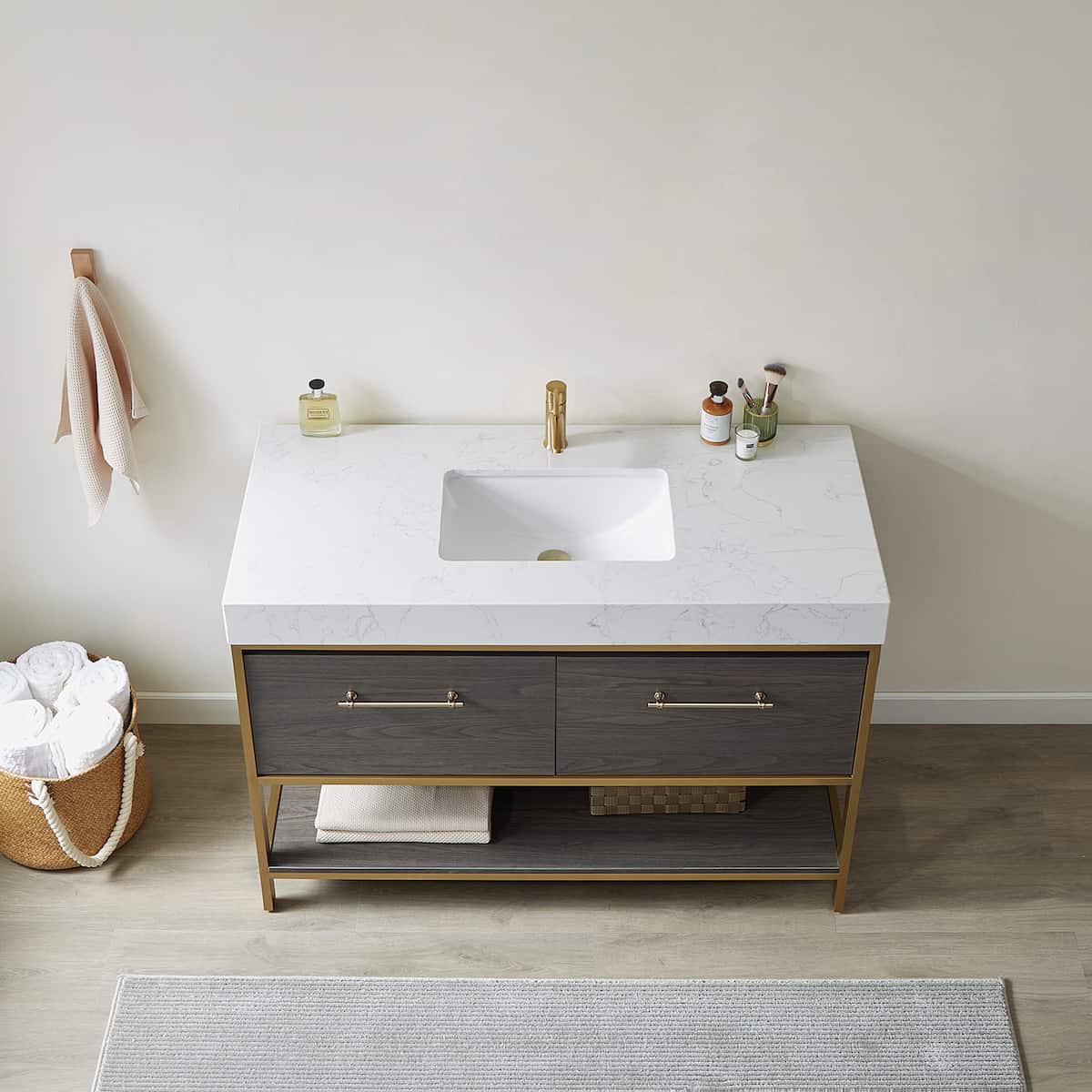 Vinnova Palma 48 Inch Freestanding Single Sink Bath Vanity in Suleiman Oak With White Composite Grain Stone Countertop Without Mirror Sink 701248G-SO-GW-NM