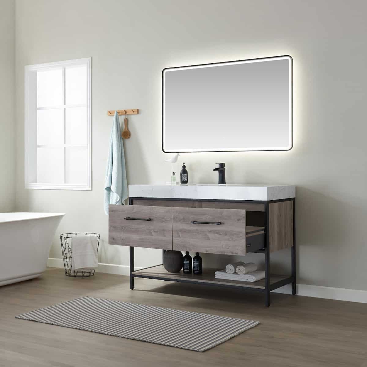 Vinnova Palma 48 Inch Freestanding Single Vanity In Mexican Oak with White Composite Grain Stone Countertop With Mirror Drawers 701248-MXO-GW