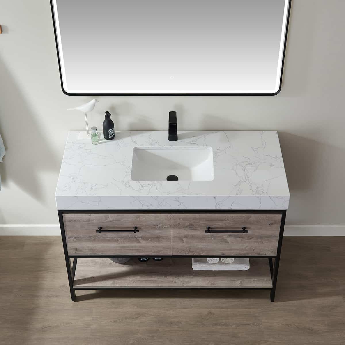 Vinnova Palma 48 Inch Freestanding Single Vanity In Mexican Oak with White Composite Grain Stone Countertop With Mirror Sink 701248-MXO-GW