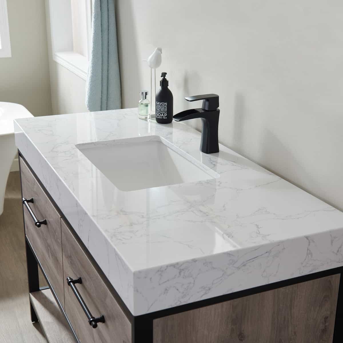 Vinnova Palma 48 Inch Freestanding Single Vanity In Mexican Oak with White Composite Grain Stone Countertop Without Mirror Counter 701248-MXO-GW-NM