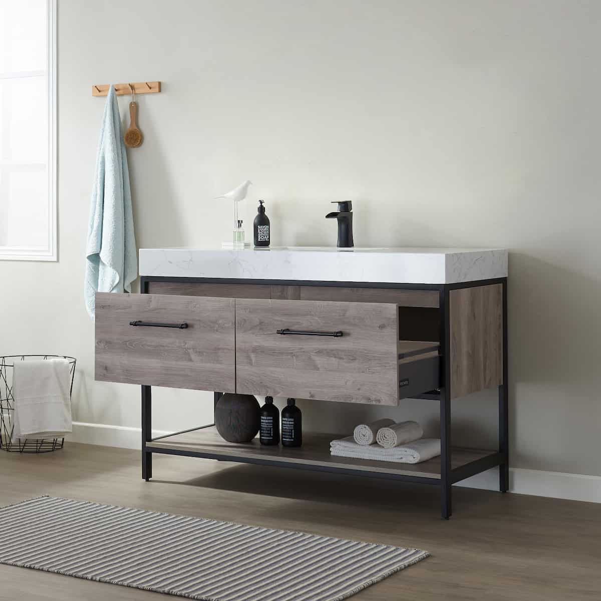 Vinnova Palma 48 Inch Freestanding Single Vanity In Mexican Oak with White Composite Grain Stone Countertop Without Mirror Drawers 701248-MXO-GW-NM
