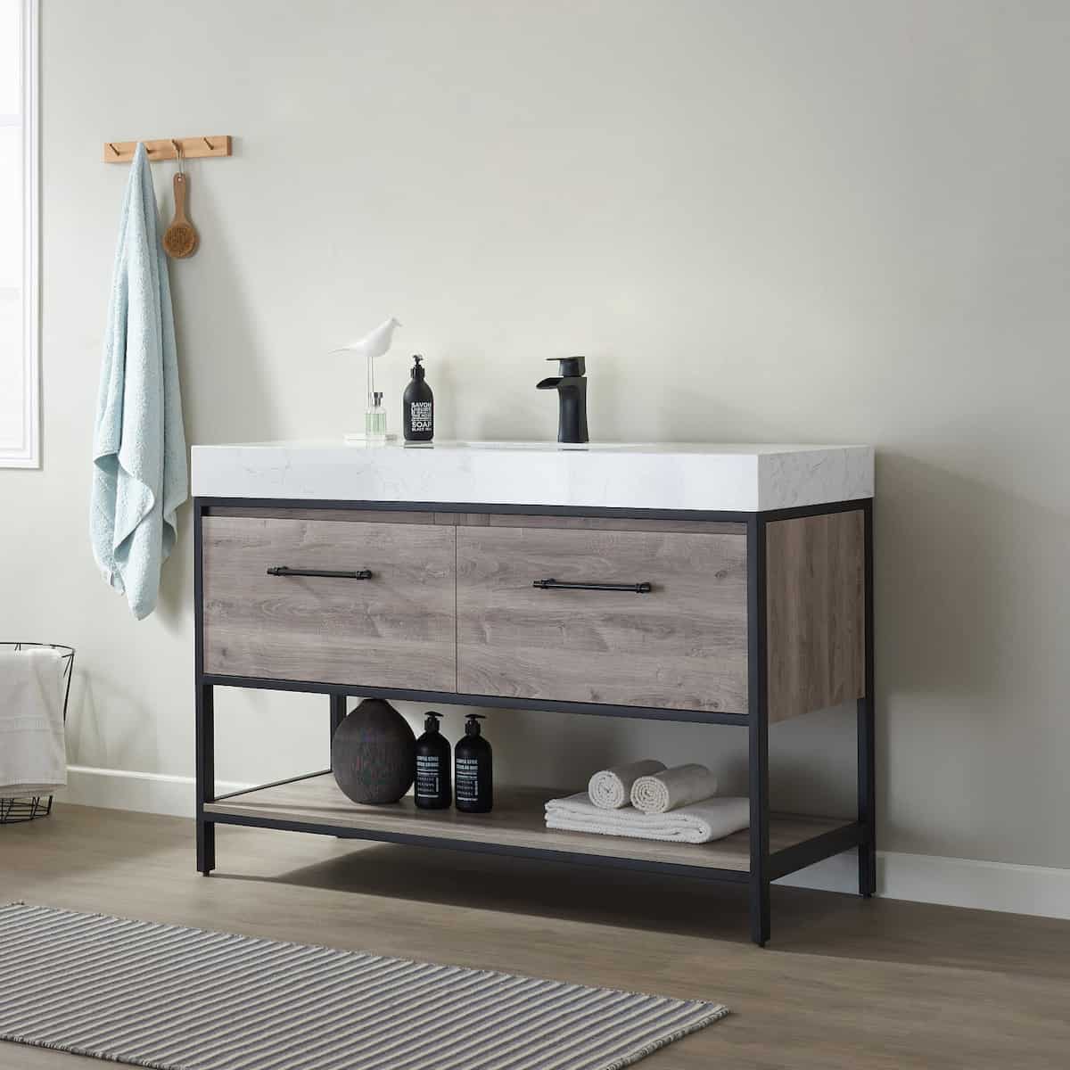 Vinnova Palma 48 Inch Freestanding Single Vanity In Mexican Oak with White Composite Grain Stone Countertop Without Mirror Side 701248-MXO-GW-NM
