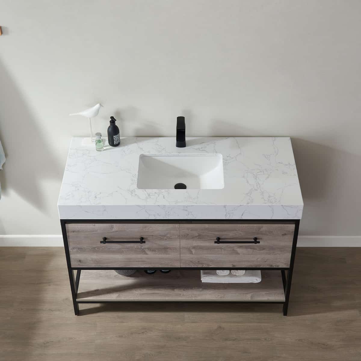 Vinnova Palma 48 Inch Freestanding Single Vanity In Mexican Oak with White Composite Grain Stone Countertop Without Mirror Sink 701248-MXO-GW-NM