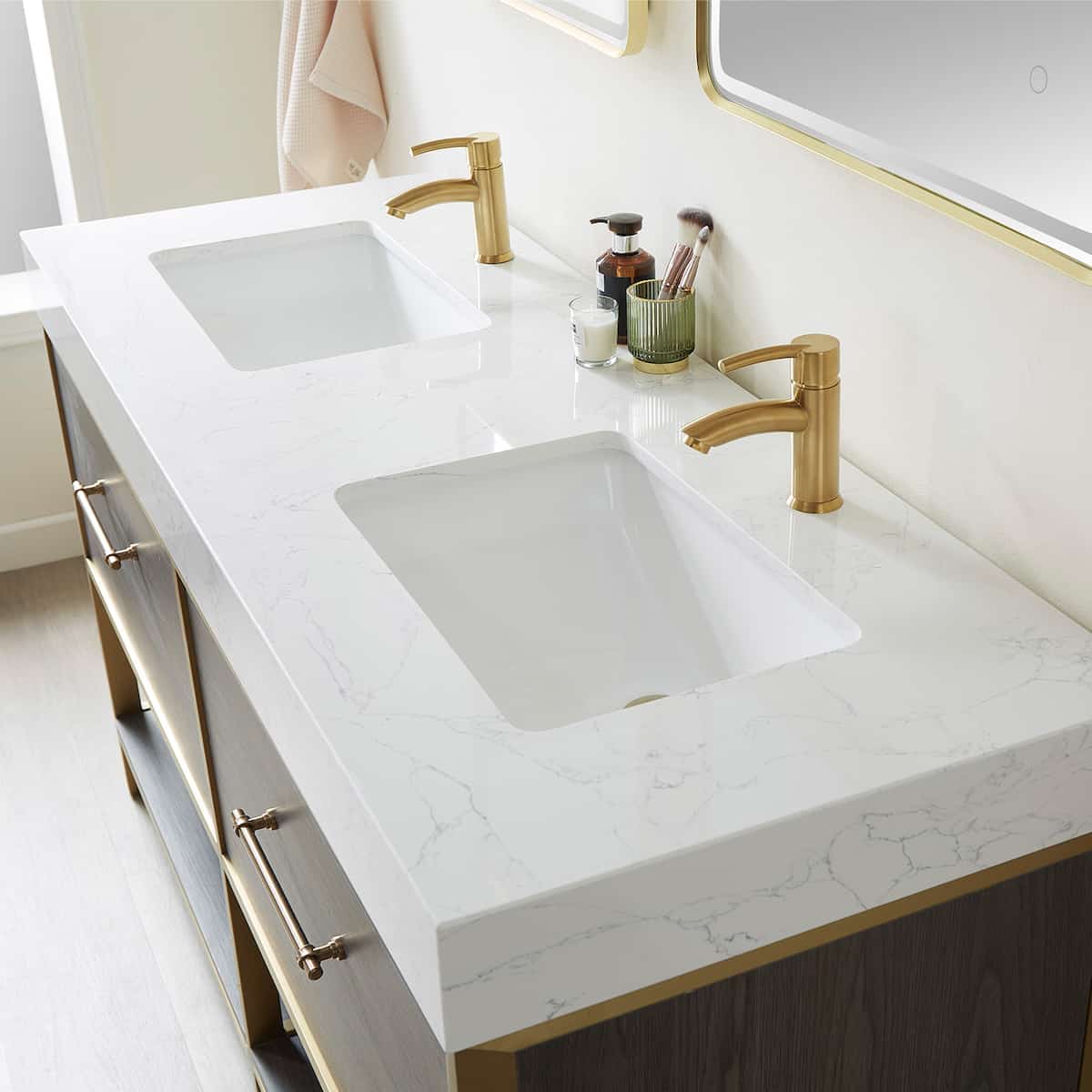 Vinnova Palma 60 Inch Freestanding Double Sink Bath Vanity in Suleiman Oak with White Composite Grain Stone With Mirror Counter Top 701260G-SO-GW