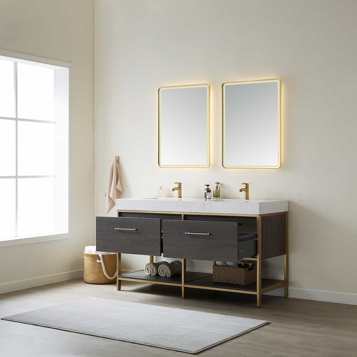 Vinnova Palma 60 Inch Freestanding Double Sink Bath Vanity in Suleiman Oak with White Composite Grain Stone With Mirror Drawers 701260G-SO-GW