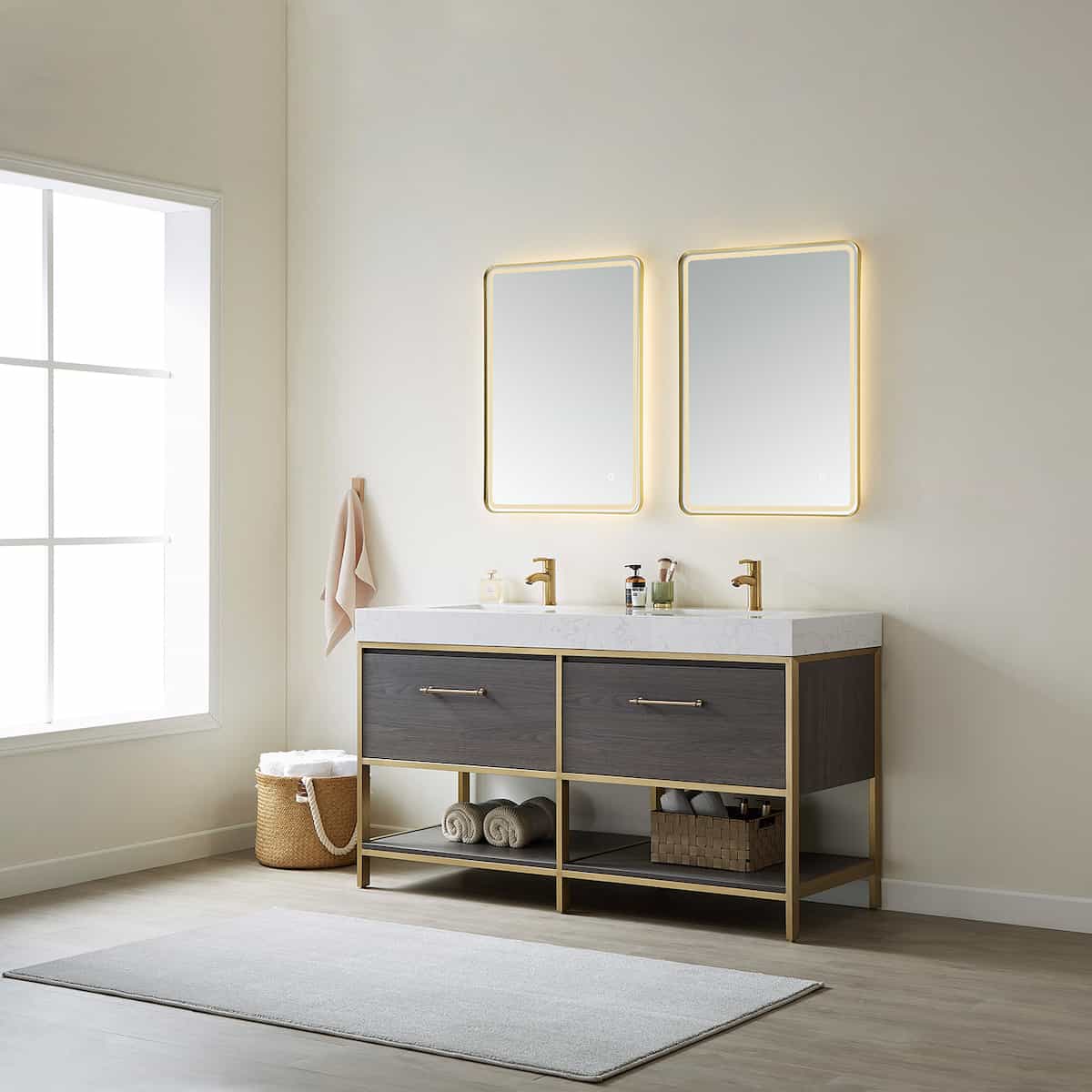 Vinnova Palma 60 Inch Freestanding Double Sink Bath Vanity in Suleiman Oak with White Composite Grain Stone With Mirror Side 701260G-SO-GW