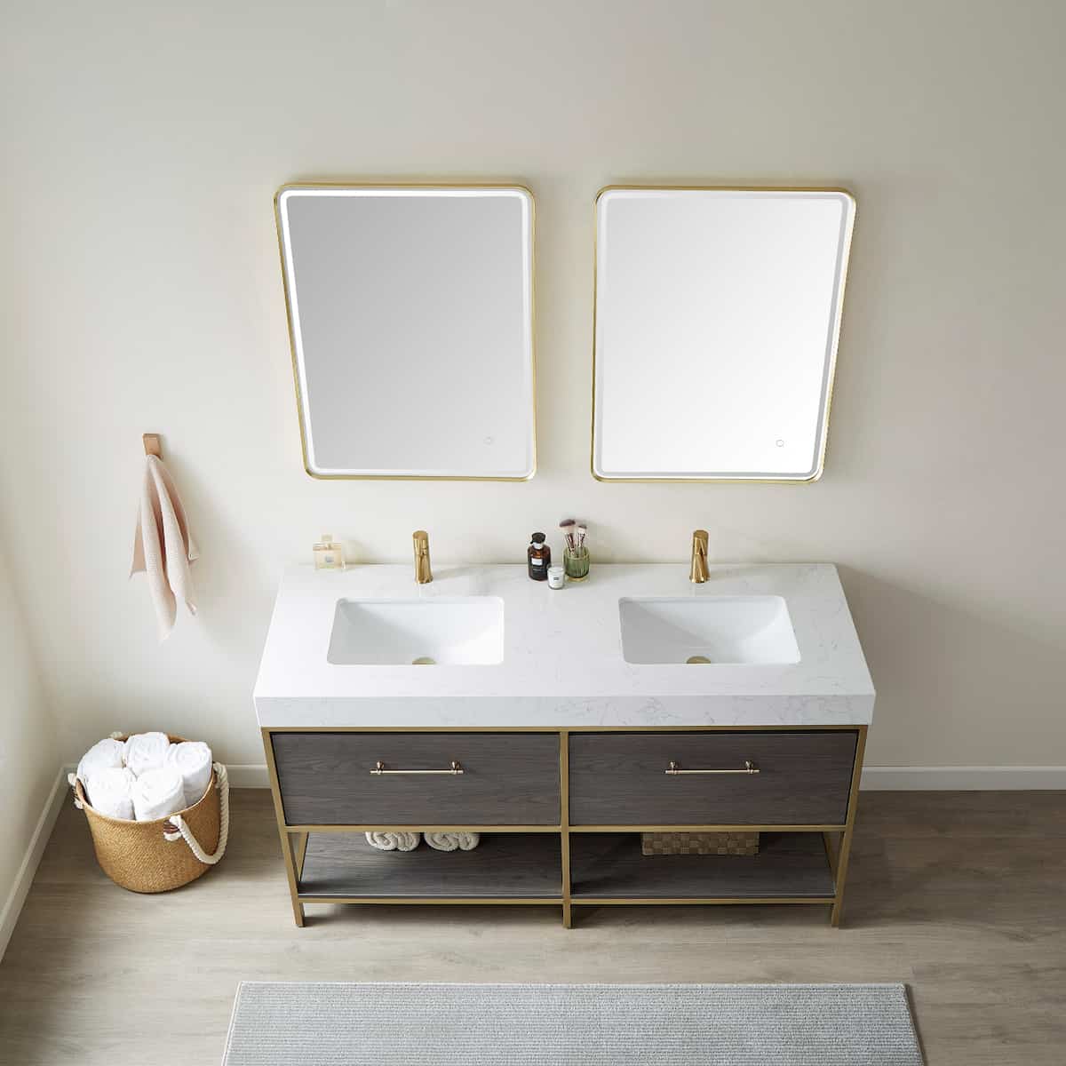 Vinnova Palma 60 Inch Freestanding Double Sink Bath Vanity in Suleiman Oak with White Composite Grain Stone With Mirror Sinks 701260G-SO-GW