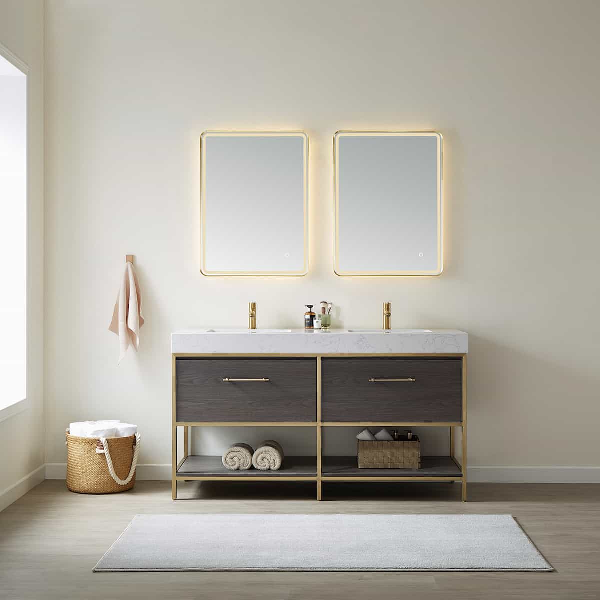 Vinnova Palma 60 Inch Freestanding Double Sink Bath Vanity in Suleiman Oak with White Composite Grain Stone With Mirror in Bathroom 701260G-SO-GW