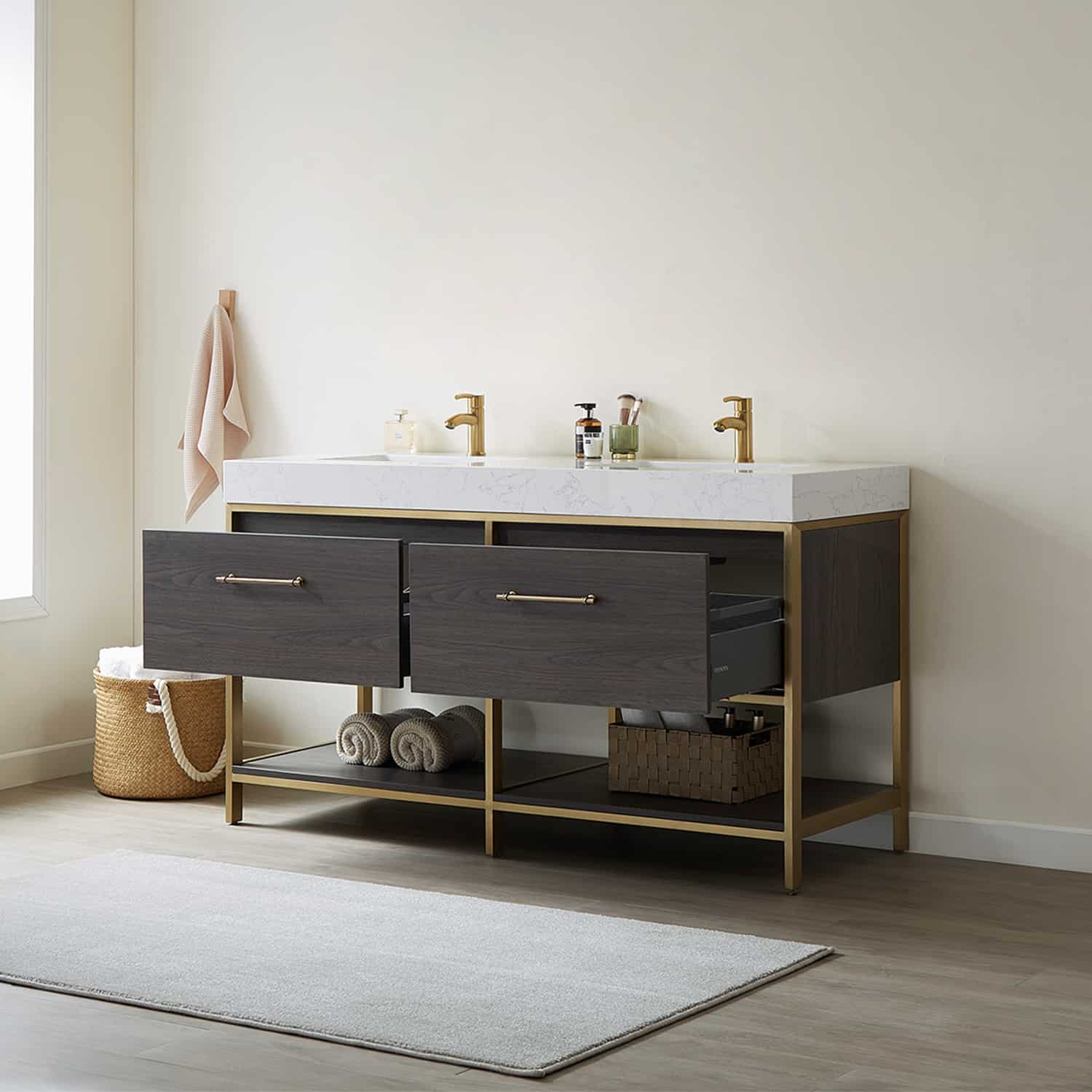 Vinnova Palma 60 Inch Freestanding Double Sink Bath Vanity in Suleiman Oak with White Composite Grain Stone Without Mirror Drawers 701260G-SO-GW-NM