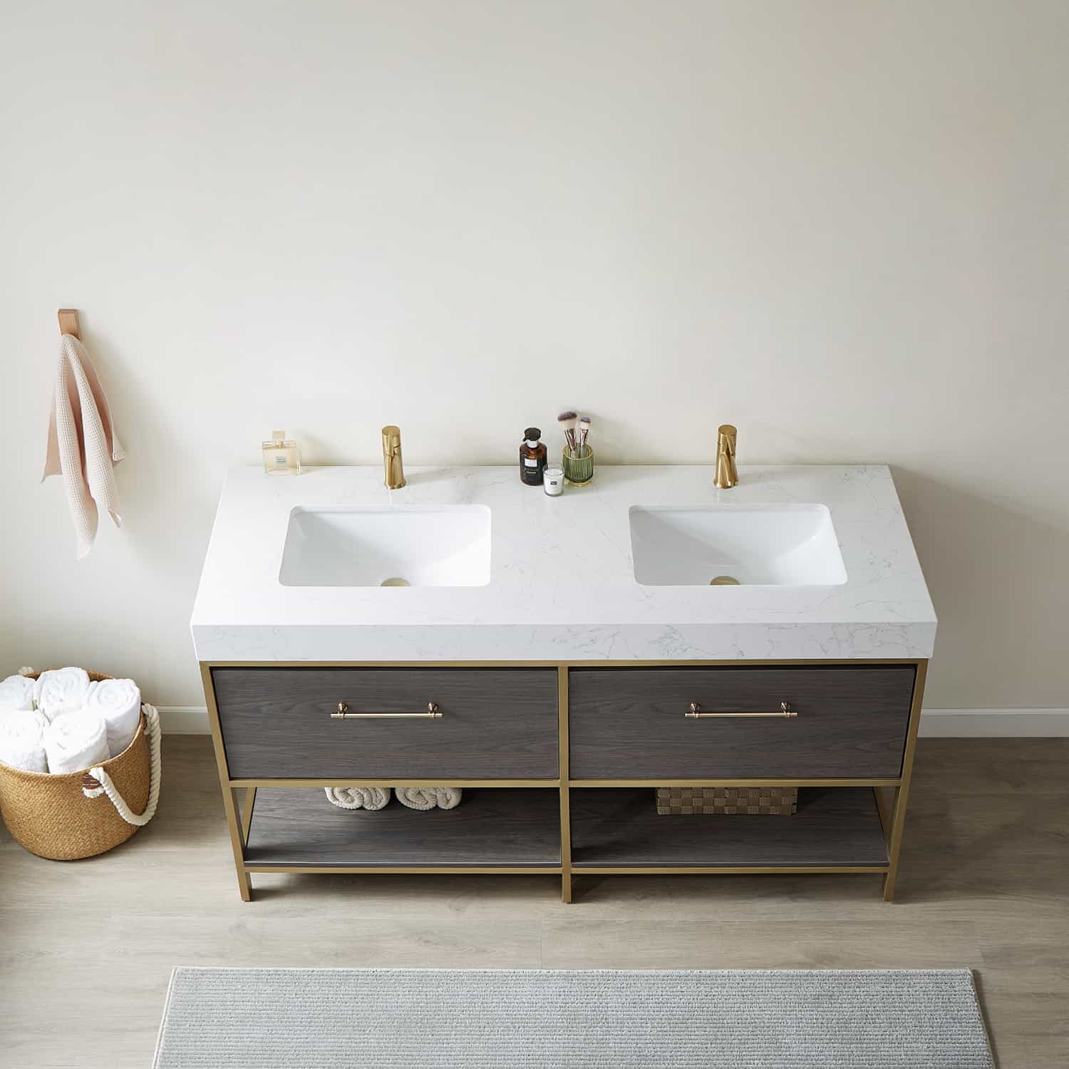 Vinnova Palma 60 Inch Freestanding Double Sink Bath Vanity in Suleiman Oak with White Composite Grain Stone Without Mirror Sinks 701260G-SO-GW-NM