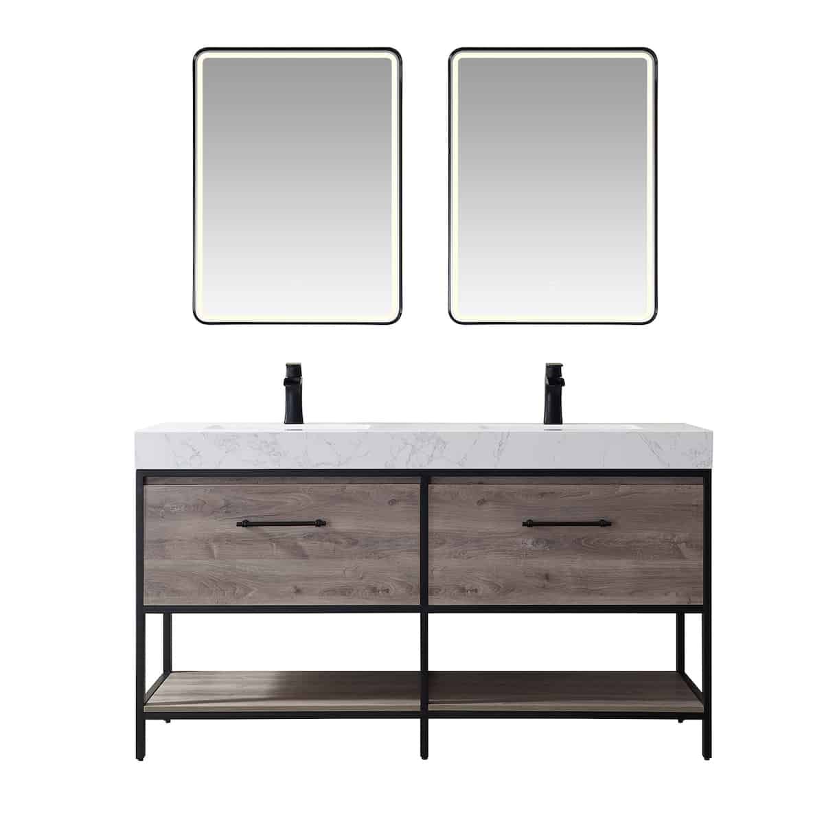 Vinnova Palma 60 Inch Freestanding Double Vanity in Mexican Oak with White Composite Grain Stone Countertop With Mirrors 701260-MXO-GW