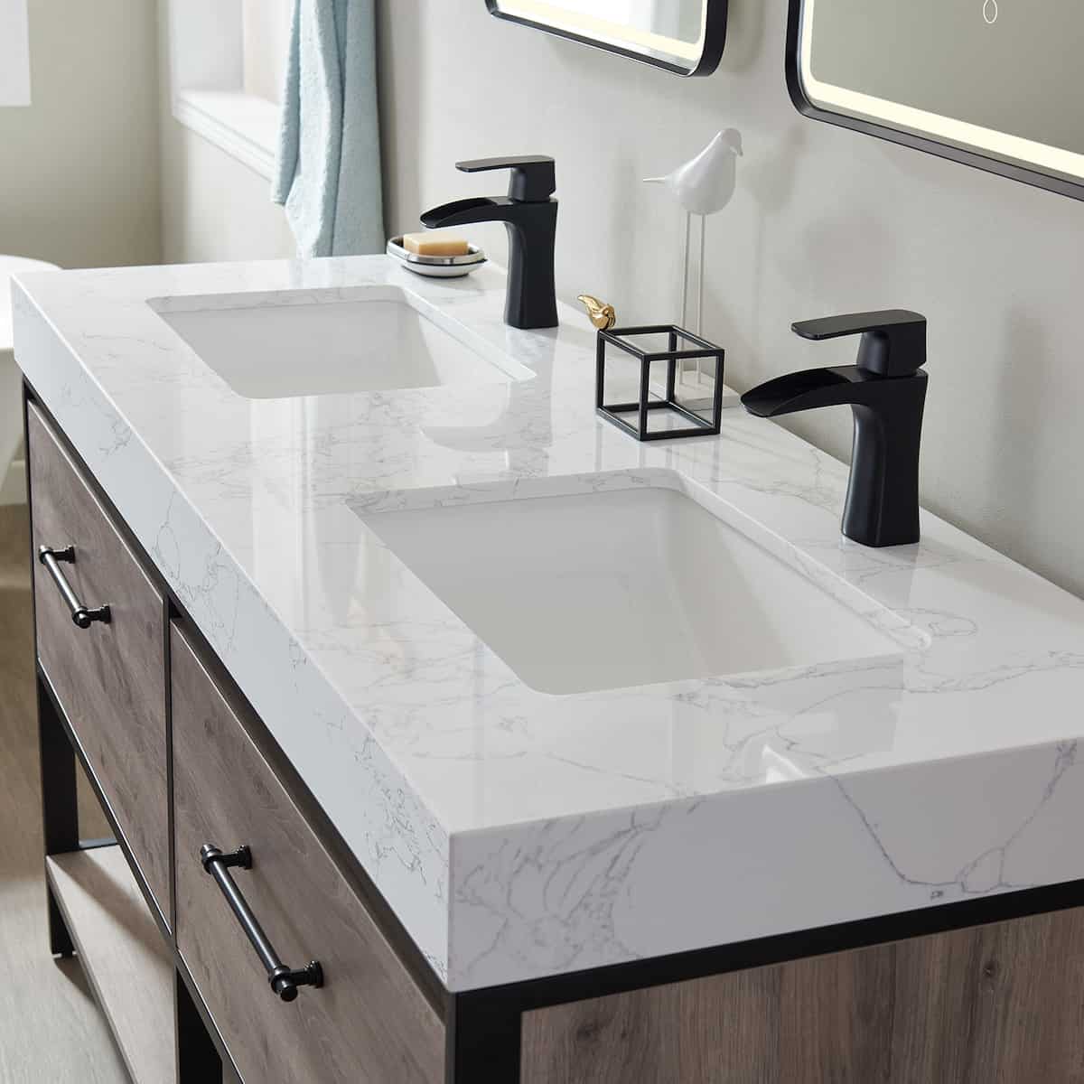 Vinnova Palma 60 Inch Freestanding Double Vanity in Mexican Oak with White Composite Grain Stone Countertop With Mirrors Counter Top 701260-MXO-GW