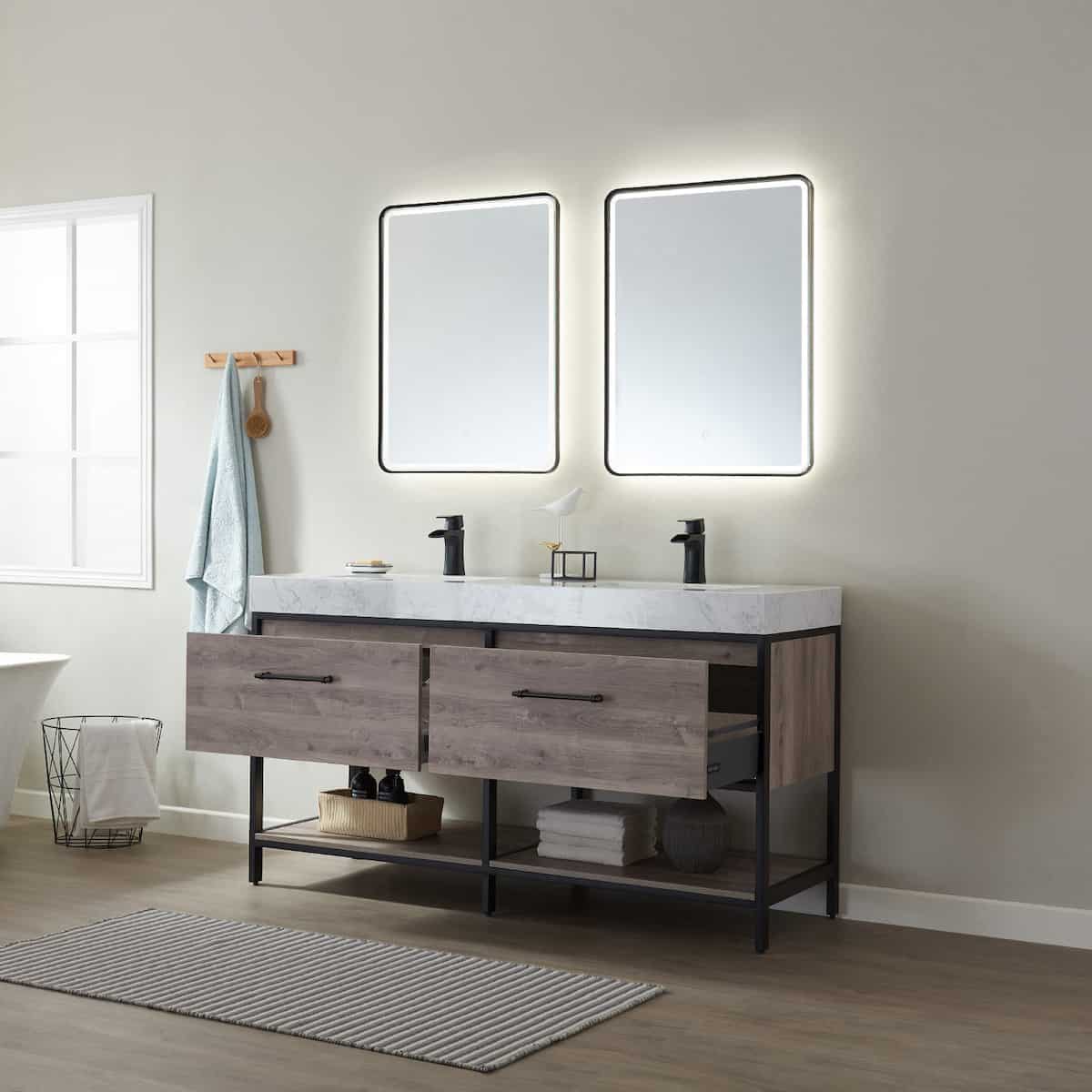 Vinnova Palma 60 Inch Freestanding Double Vanity in Mexican Oak with White Composite Grain Stone Countertop With Mirrors Drawers 701260-MXO-GW