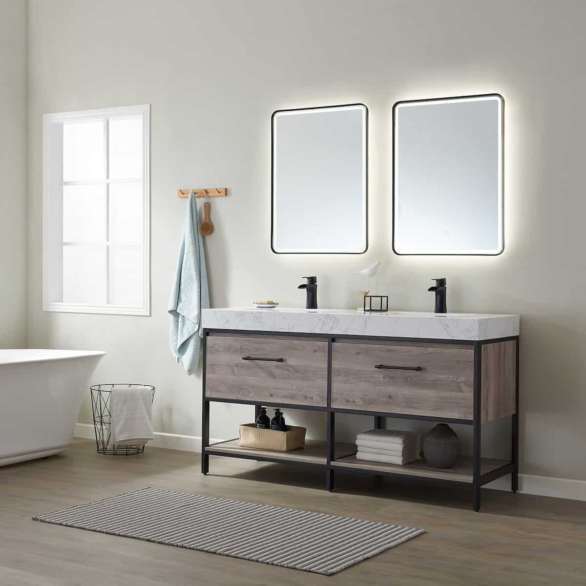 Vinnova Palma 60 Inch Freestanding Double Vanity in Mexican Oak with White Composite Grain Stone Countertop With Mirrors Side 701260-MXO-GW