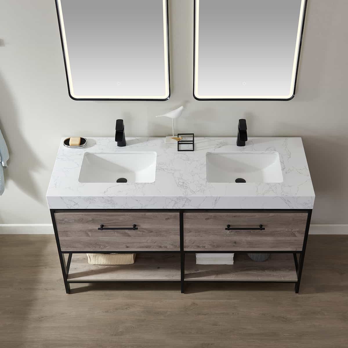 Vinnova Palma 60 Inch Freestanding Double Vanity in Mexican Oak with White Composite Grain Stone Countertop With Mirrors Sinks 701260-MXO-GW