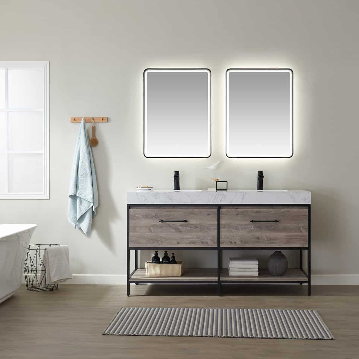Vinnova Palma 60 Inch Freestanding Double Vanity in Mexican Oak with White Composite Grain Stone Countertop With Mirrors in Bathroom 701260-MXO-GW