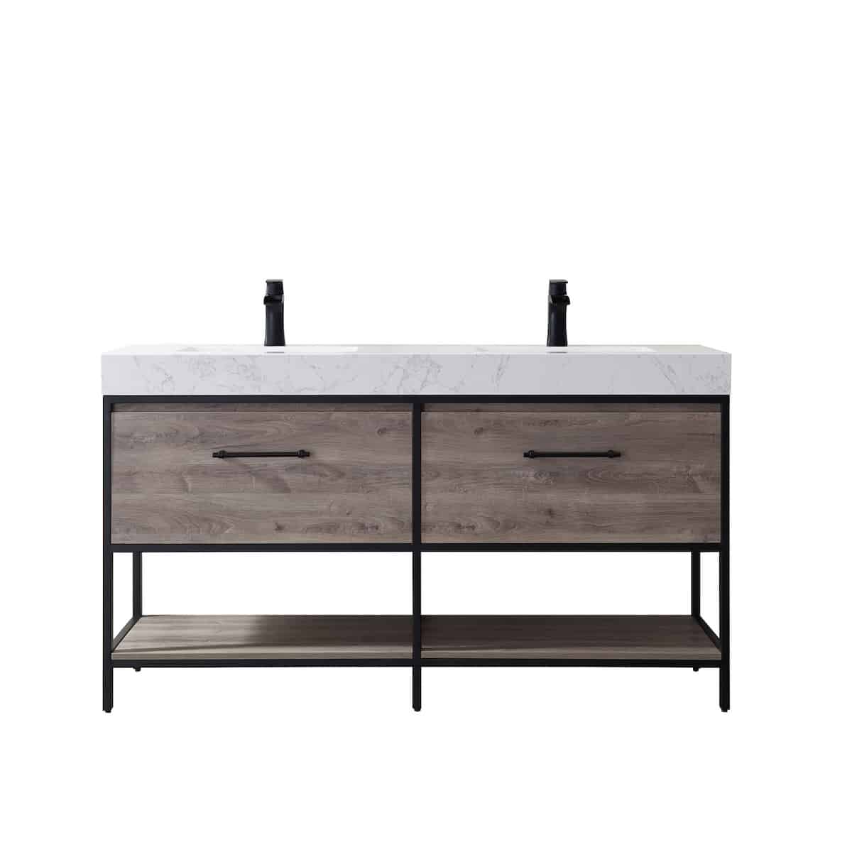 Vinnova Palma 60 Inch Freestanding Double Vanity in Mexican Oak with White Composite Grain Stone Countertop Without Mirrors 701260-MXO-GW-NM