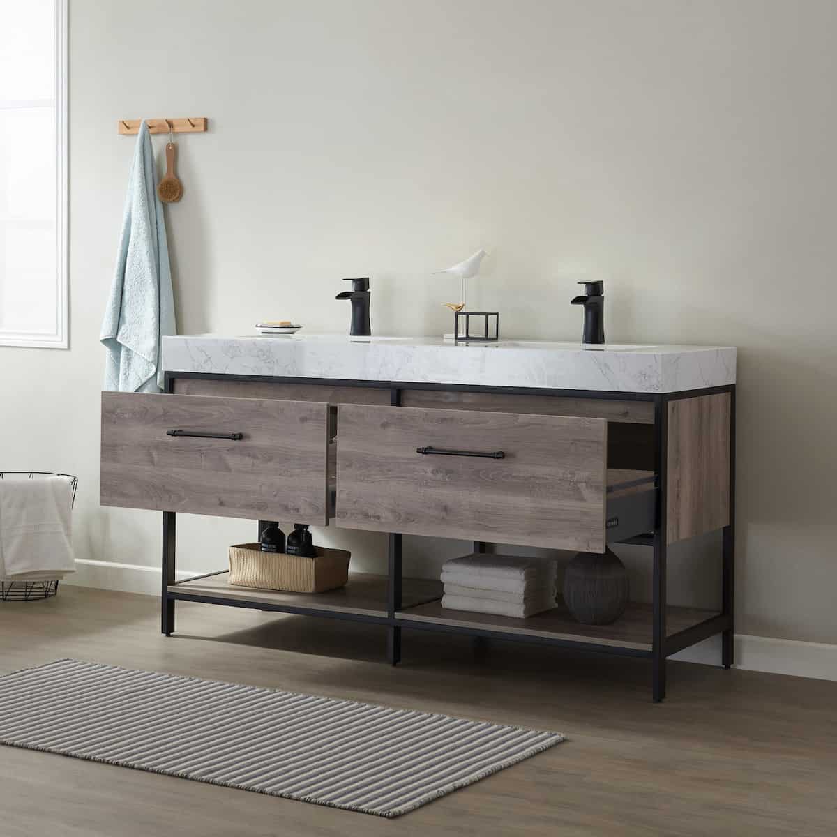 Vinnova Palma 60 Inch Freestanding Double Vanity in Mexican Oak with White Composite Grain Stone Countertop Without Mirrors Drawers 701260-MXO-GW-NM
