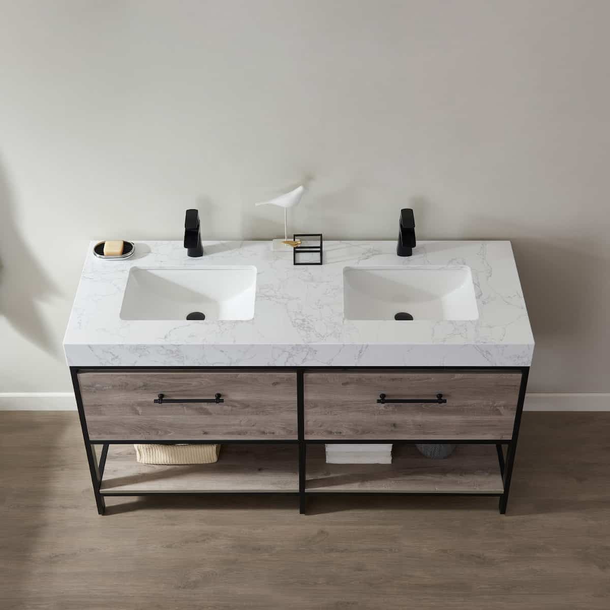 Vinnova Palma 60 Inch Freestanding Double Vanity in Mexican Oak with White Composite Grain Stone Countertop Without Mirrors Sinks 701260-MXO-GW-NM