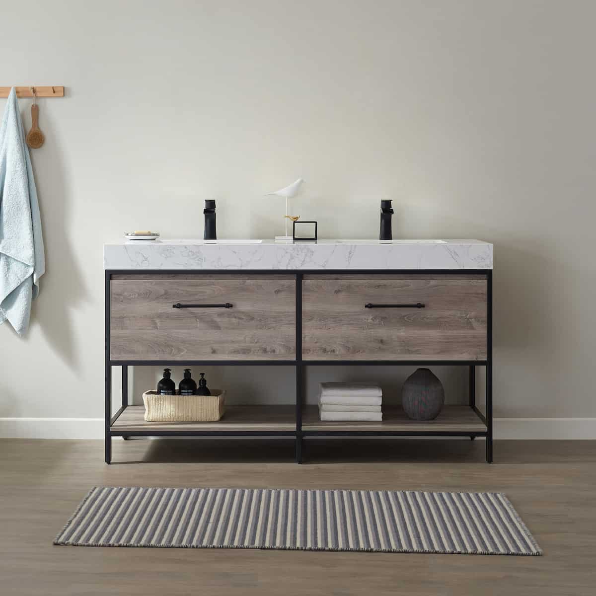 Vinnova Palma 60 Inch Freestanding Double Vanity in Mexican Oak with White Composite Grain Stone Countertop Without Mirrors in Bathroom 701260-MXO-GW-NM