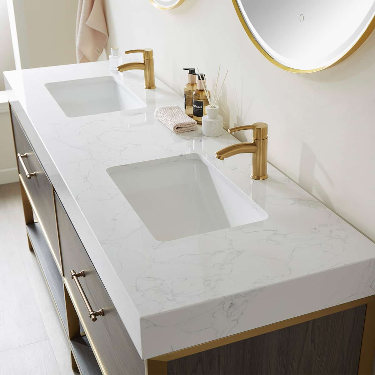 Vinnova Palma 72 Inch Freestanding Double Sink Bath Vanity in Suleiman Oak with White Composite Grain Stone With Mirror Counter Top 701272G-SO-GW