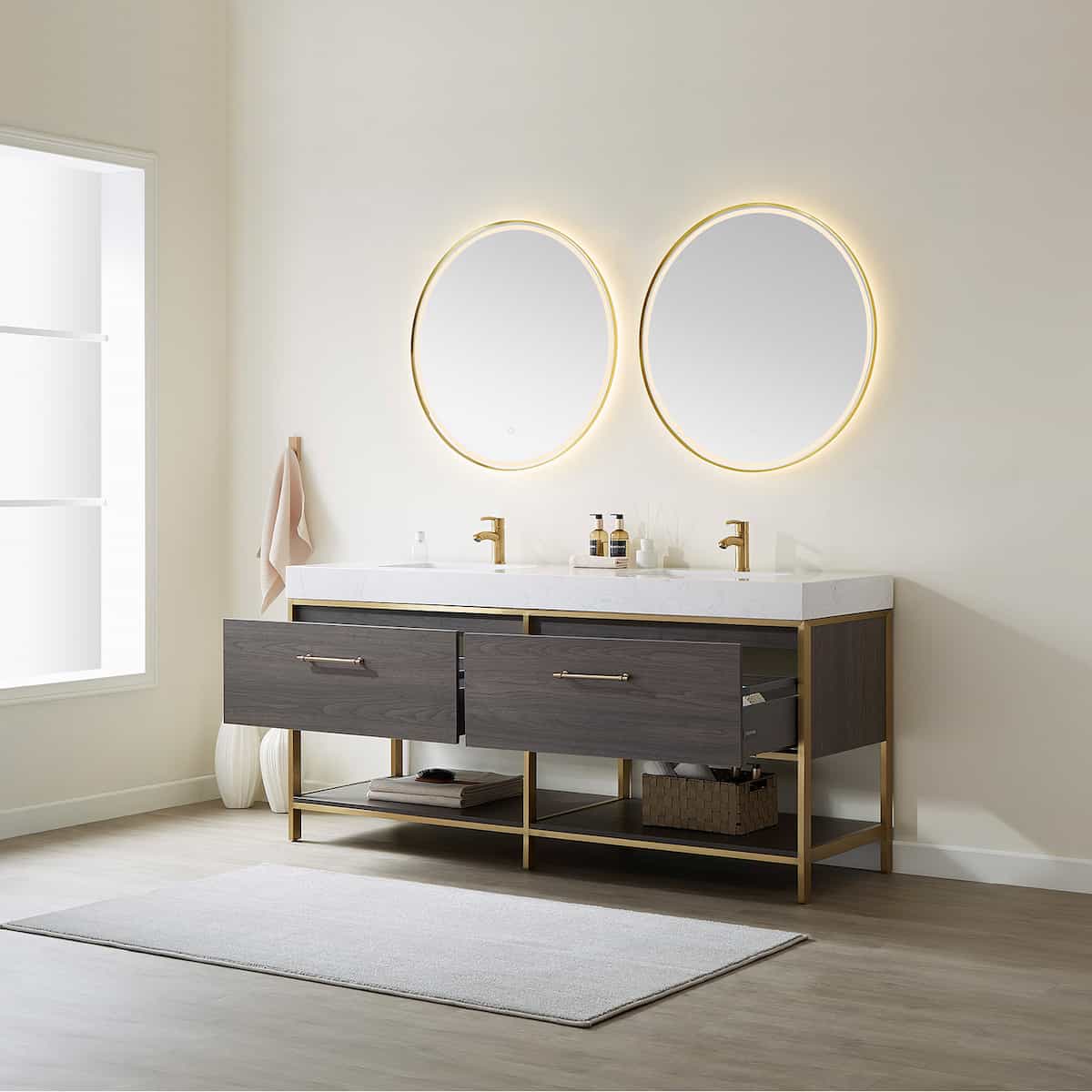 Vinnova Palma 72 Inch Freestanding Double Sink Bath Vanity in Suleiman Oak with White Composite Grain Stone With Mirror Drawers 701272G-SO-GW