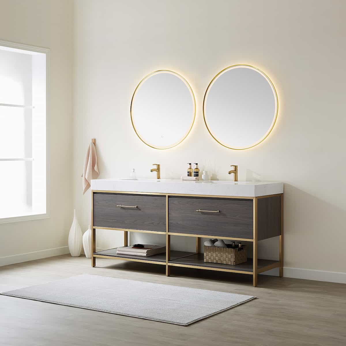 Vinnova Palma 72 Inch Freestanding Double Sink Bath Vanity in Suleiman Oak with White Composite Grain Stone With Mirror Side 701272G-SO-GW