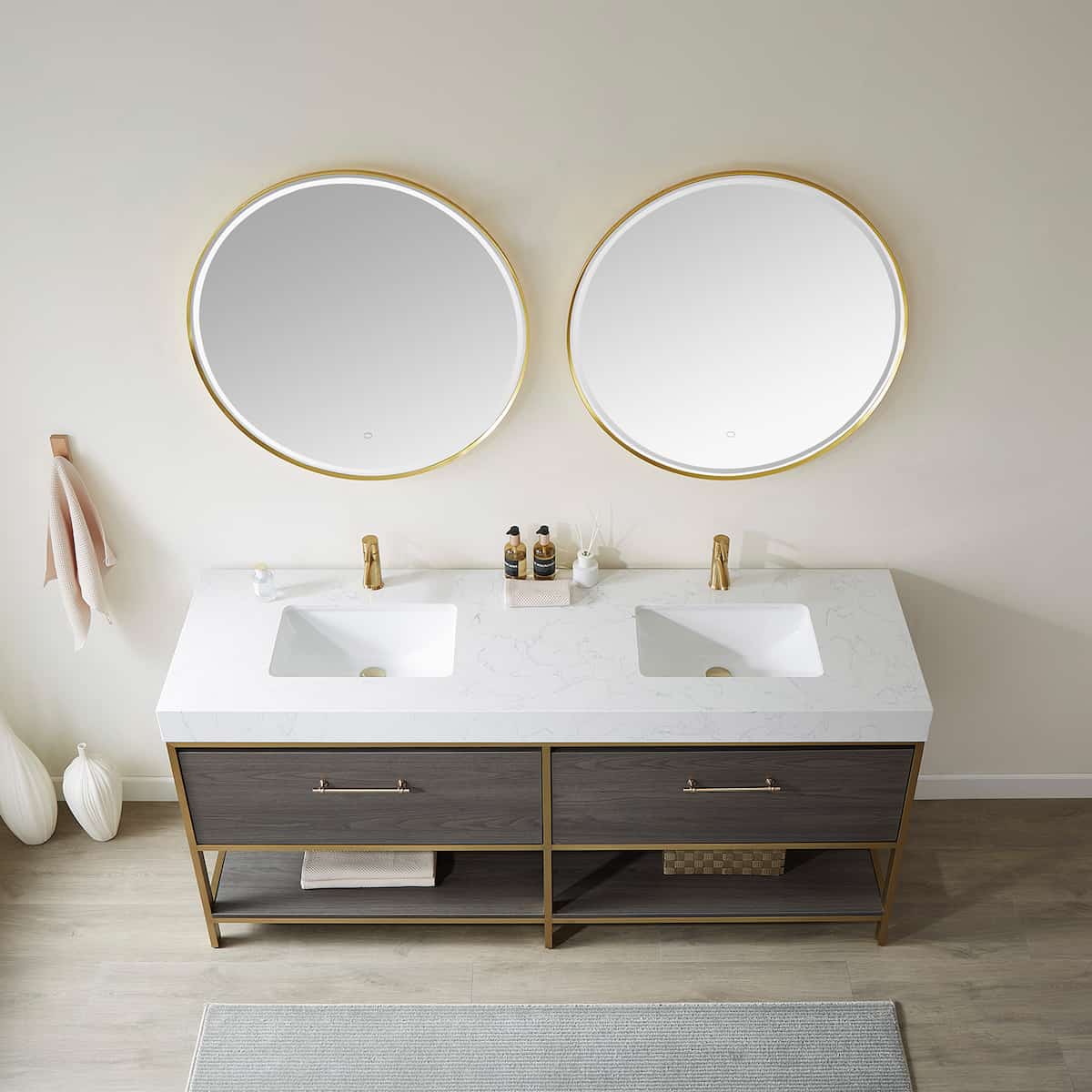 Vinnova Palma 72 Inch Freestanding Double Sink Bath Vanity in Suleiman Oak with White Composite Grain Stone With Mirror Sinks 701272G-SO-GW