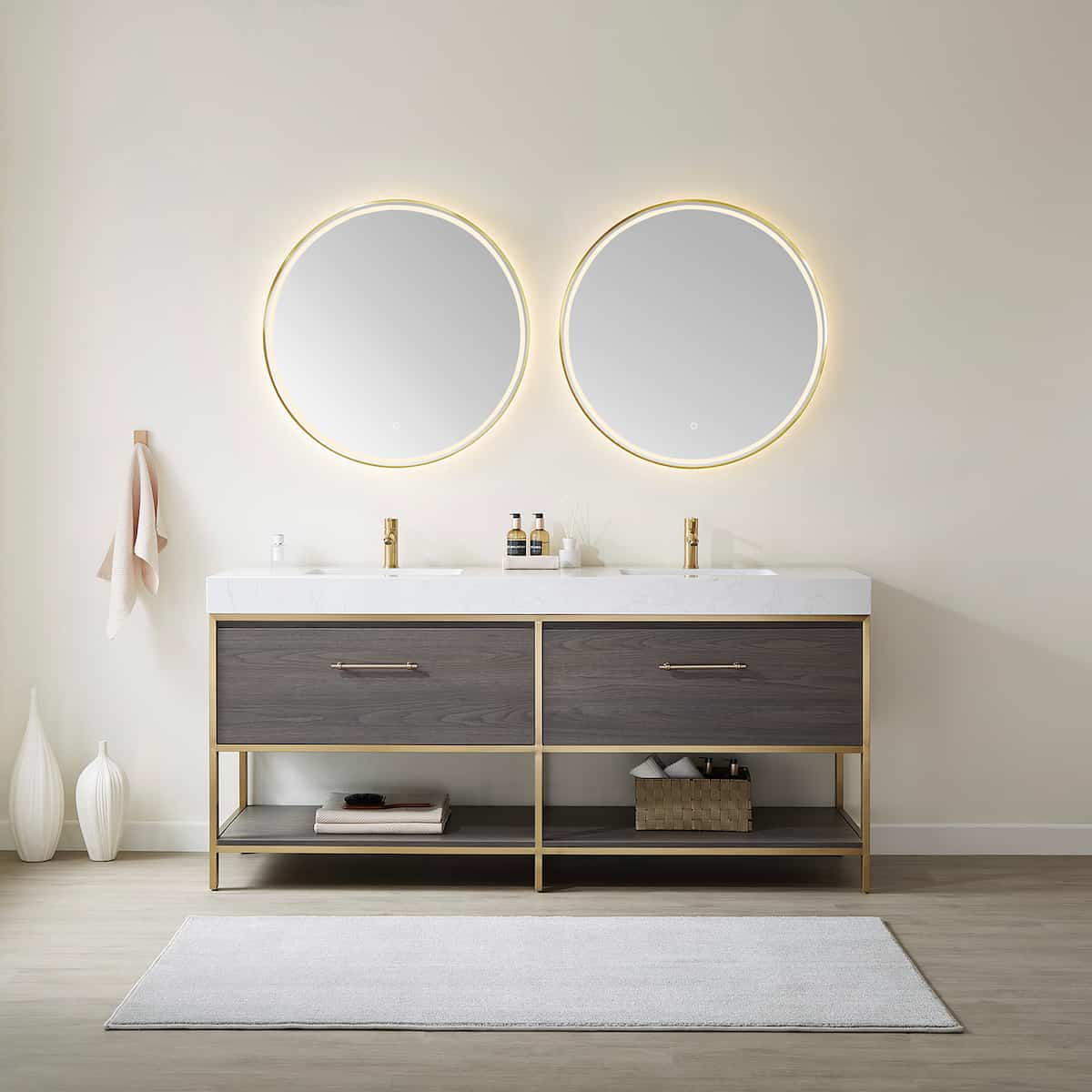 Vinnova Palma 72 Inch Freestanding Double Sink Bath Vanity in Suleiman Oak with White Composite Grain Stone With Mirror in Bathroom 701272G-SO-GW