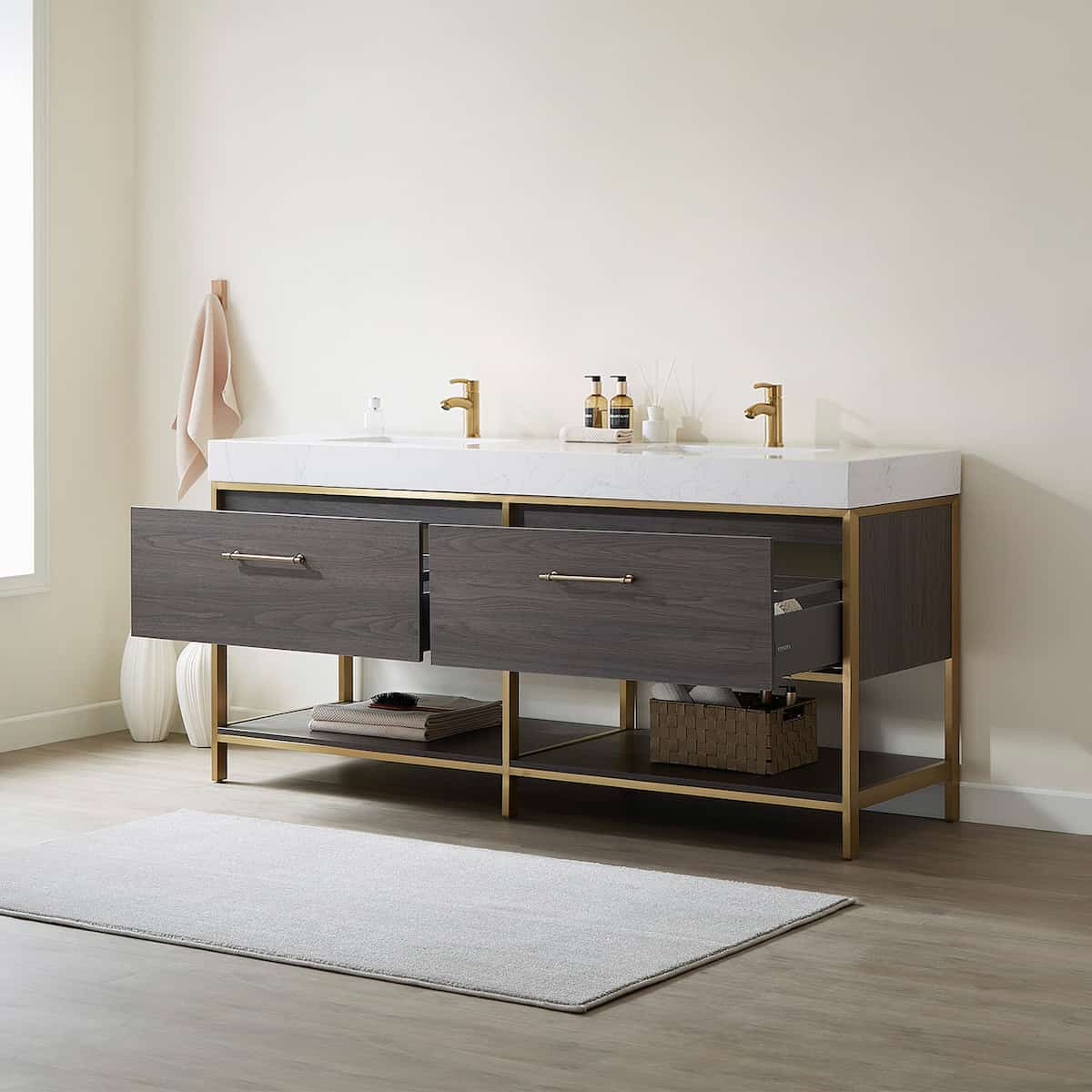 Vinnova Palma 72 Inch Freestanding Double Sink Bath Vanity in Suleiman Oak with White Composite Grain Stone Without Mirror Drawers 701272G-SO-GW-NM